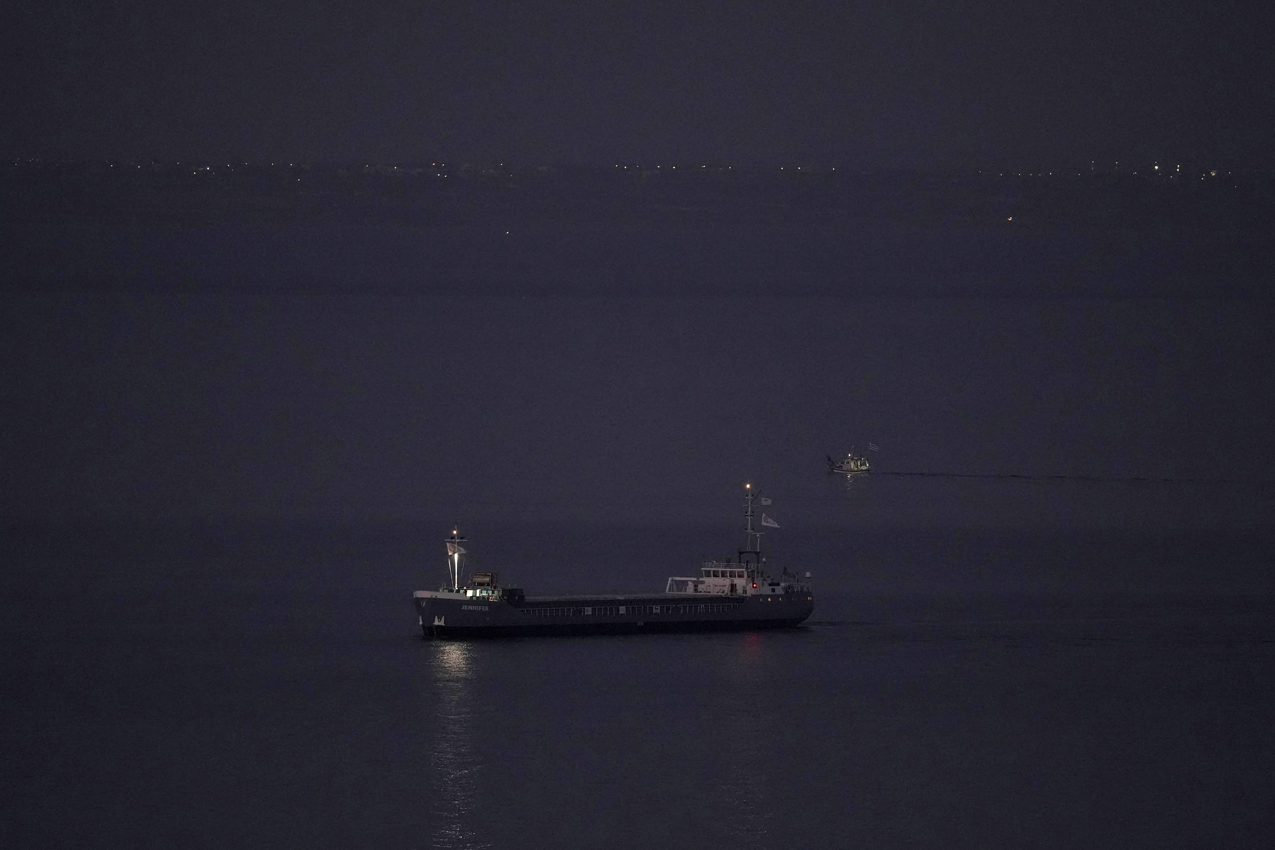 A cargo ship, one of three ships loaded with canned food that was destined for Gaza, after it returned to the port of Larnaca, Cyprus