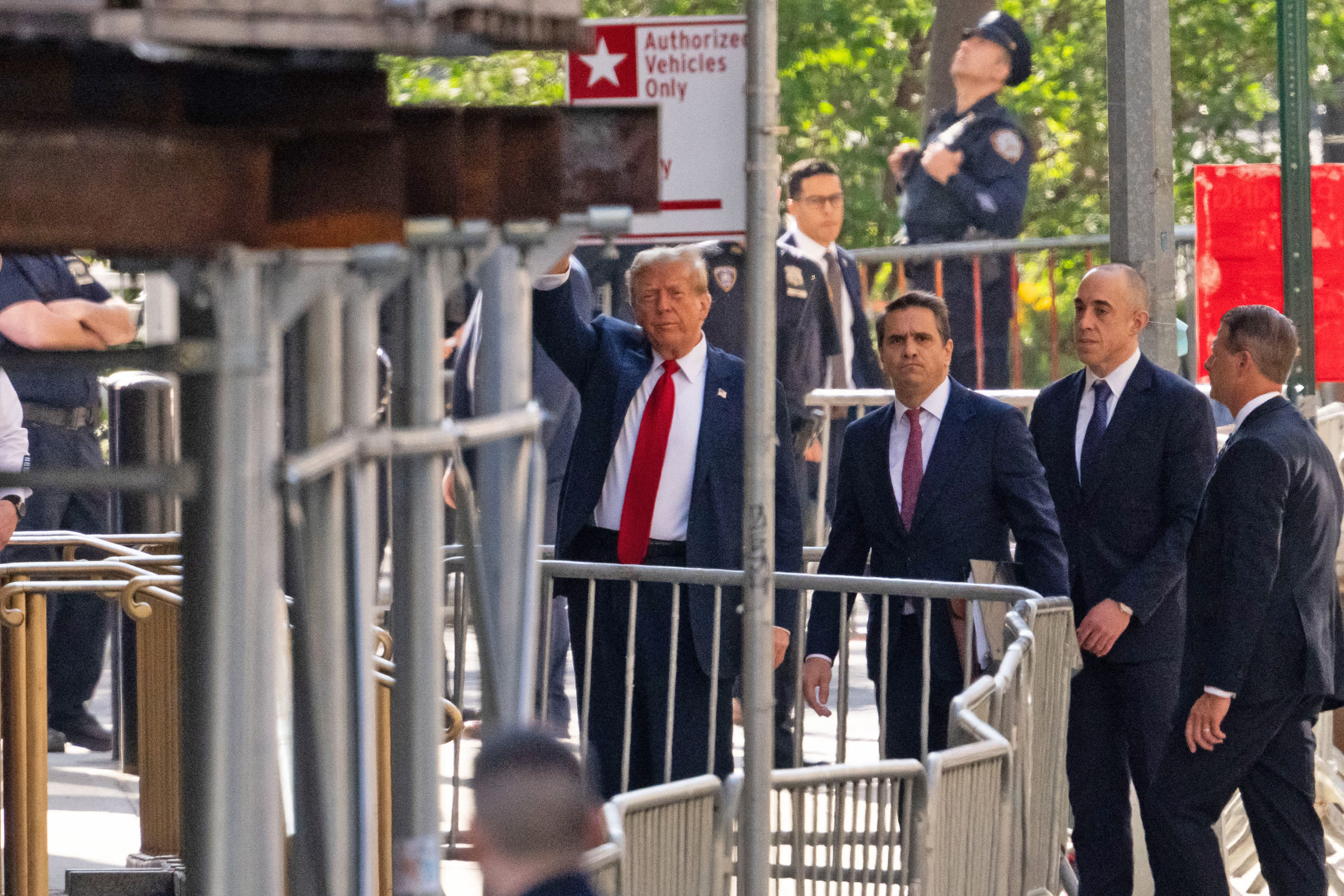 Former President Donald Trump arrives at Manhattan Criminal Court on April 15, 2024.