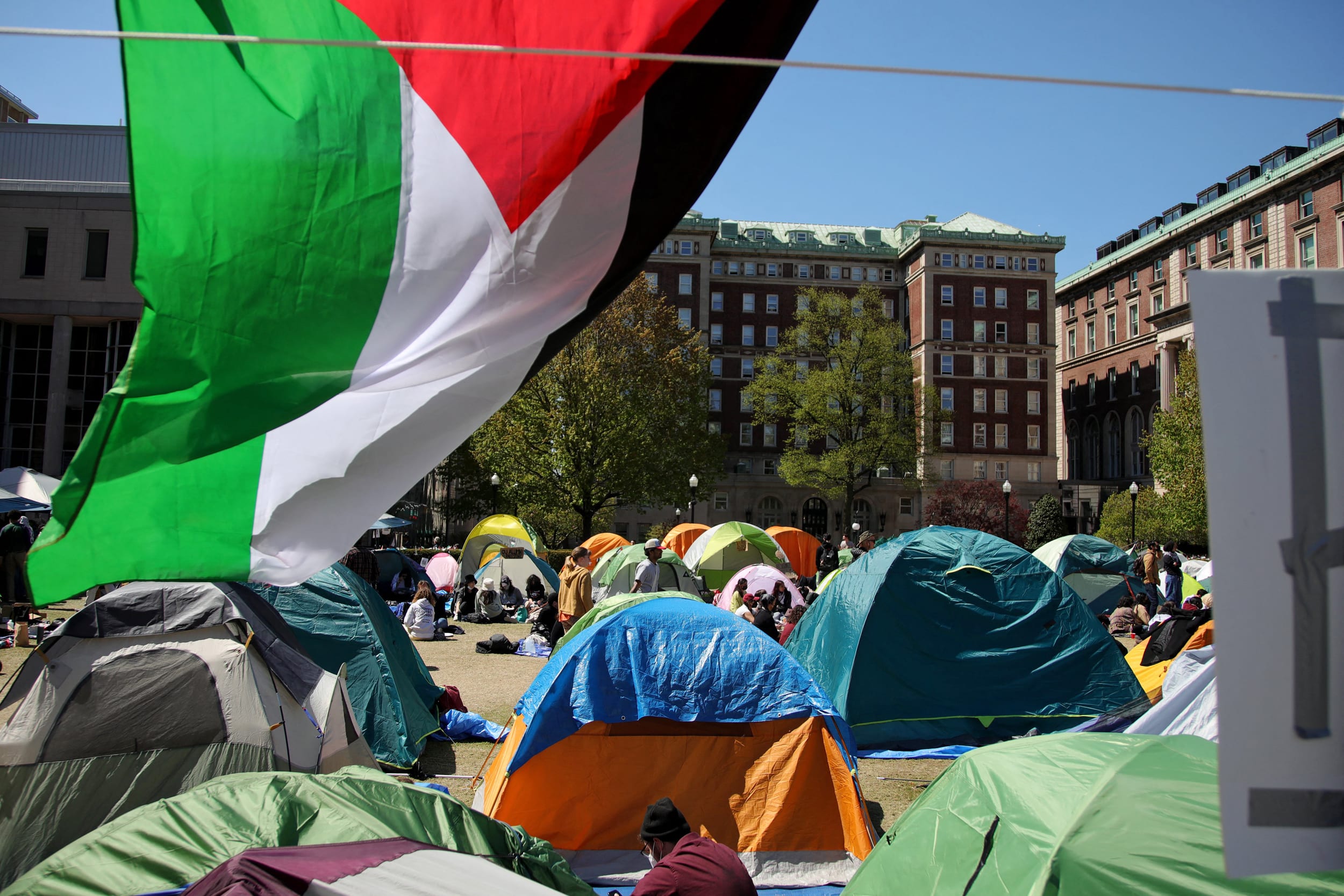 Pro-Palestinian students and activsts gather at a protest encampment on the campus of Columbia University in New York City on April 25, 2024.