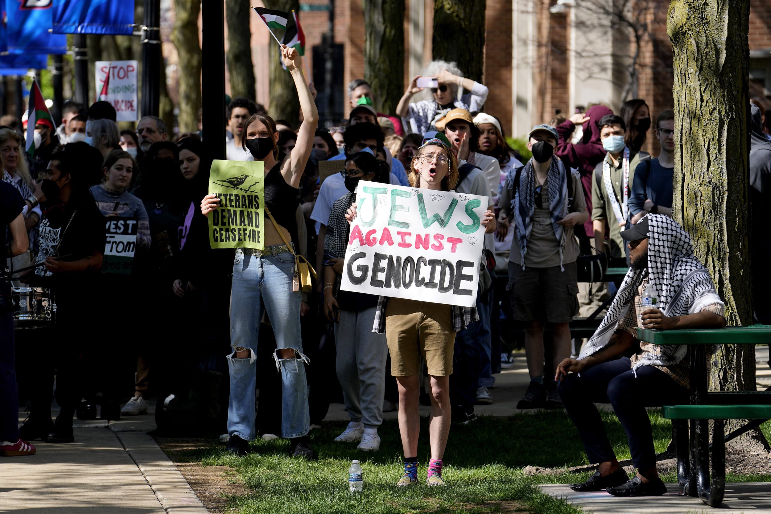 Pro-Palestinian protesters demonstrate on the campus of DePaul University on April 30, 2024, in Chicago. 