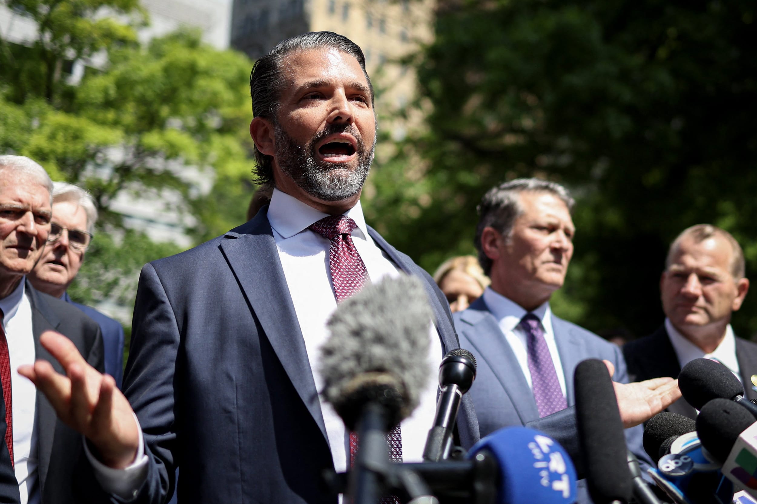 Donald Trump Jr. speaks to the press outside of the courthouse during his father's trial in New York City, on May 21, 2024. 