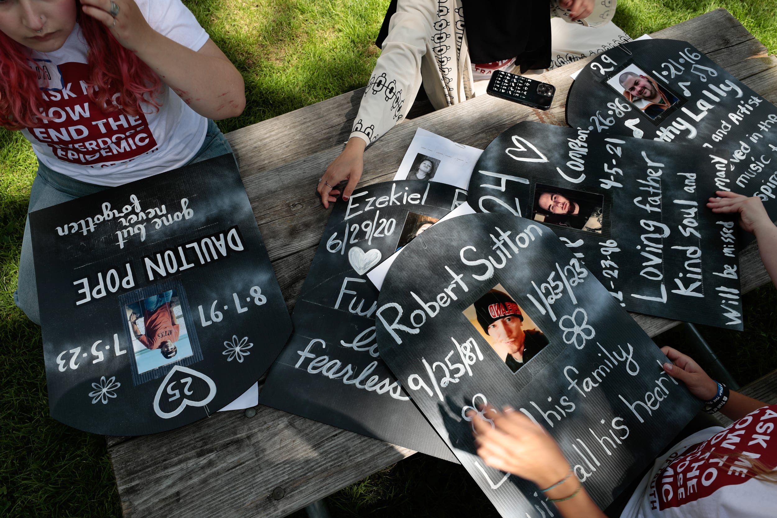 Activists with Truth Pharm at the designated protest zone at Zeidler Union Square in Milwaukee on July 17, 2024, the third day of the Republican Convention. 