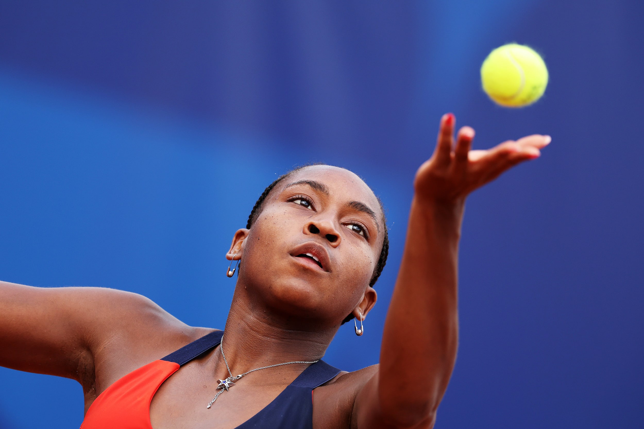 Coco Gauff serves during the Tennis training session ahead of the Paris 2024 Olympic Games on July 24, 2024 in Paris, France. 