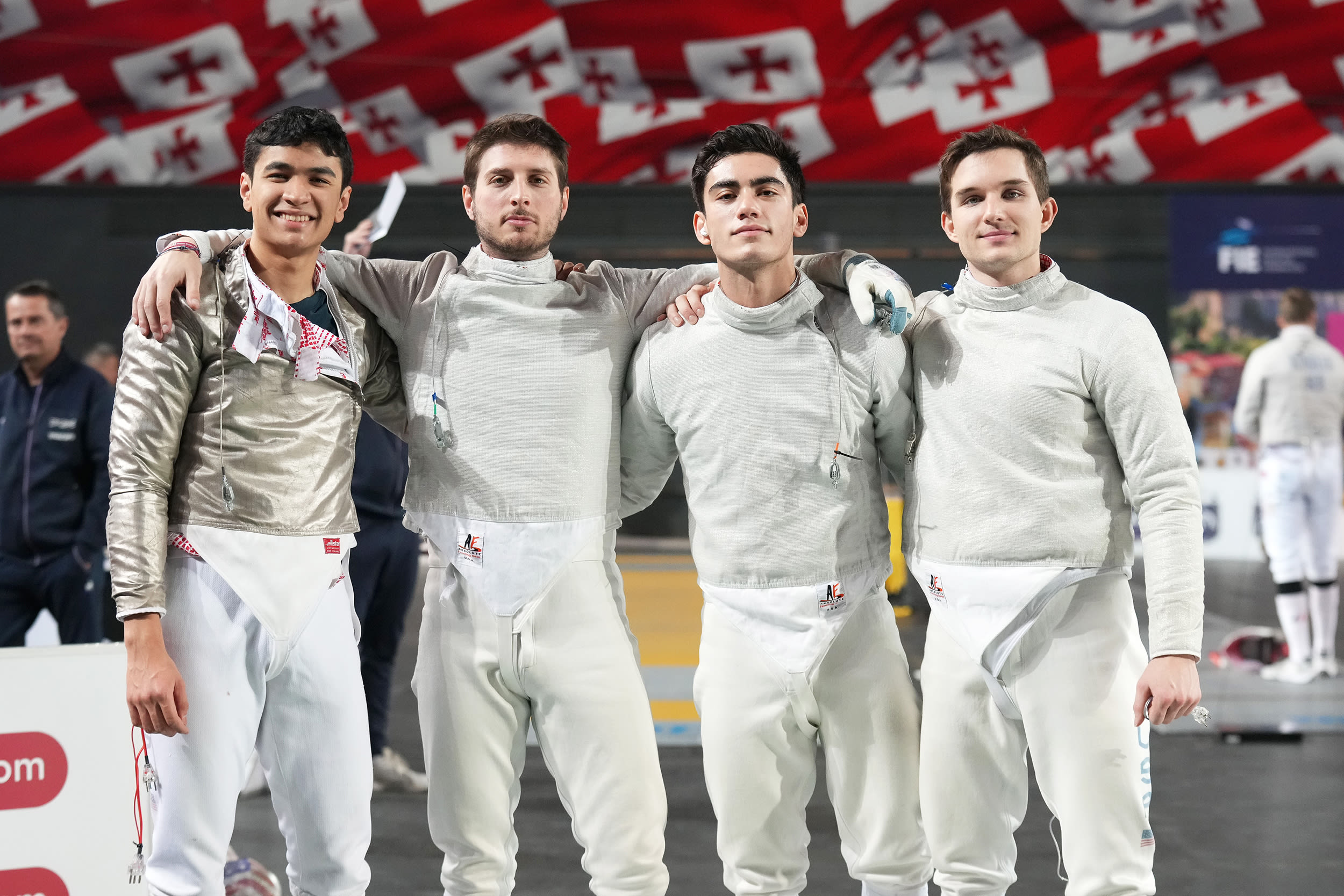 From left, Colin Heathcock, Eli Dershwitz, Mitchell Saron and
Filip Dolegiewicz harvard university olympics team usa fencing team mens