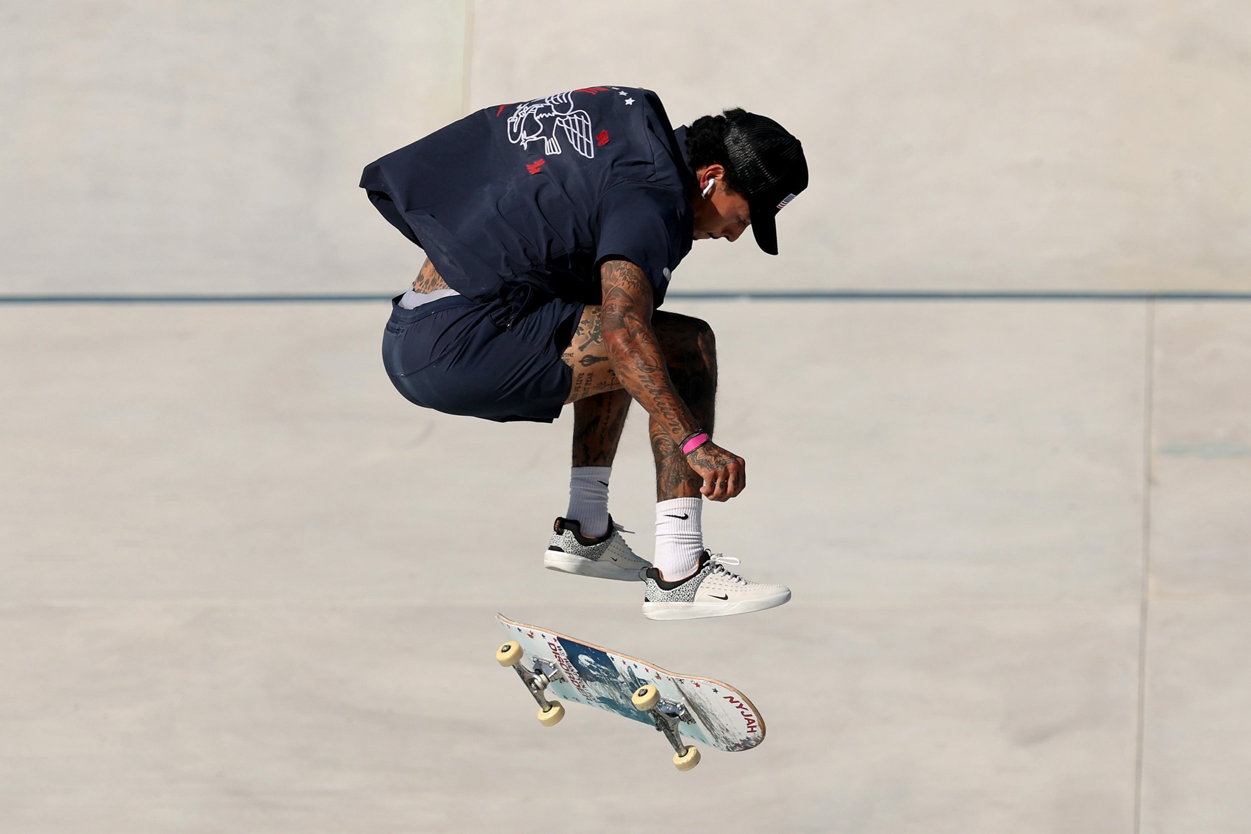 Nyjah Huston of the United States competes in skateboarding