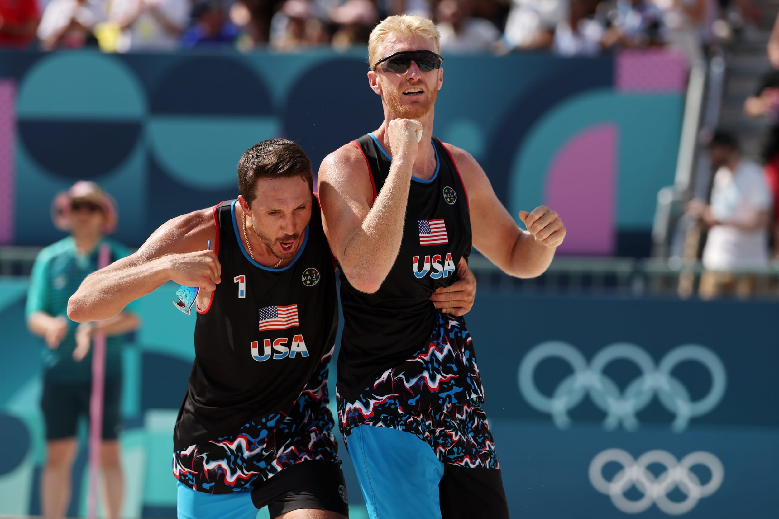 Miles Evans and Chase Budinger of Team USA celebrate