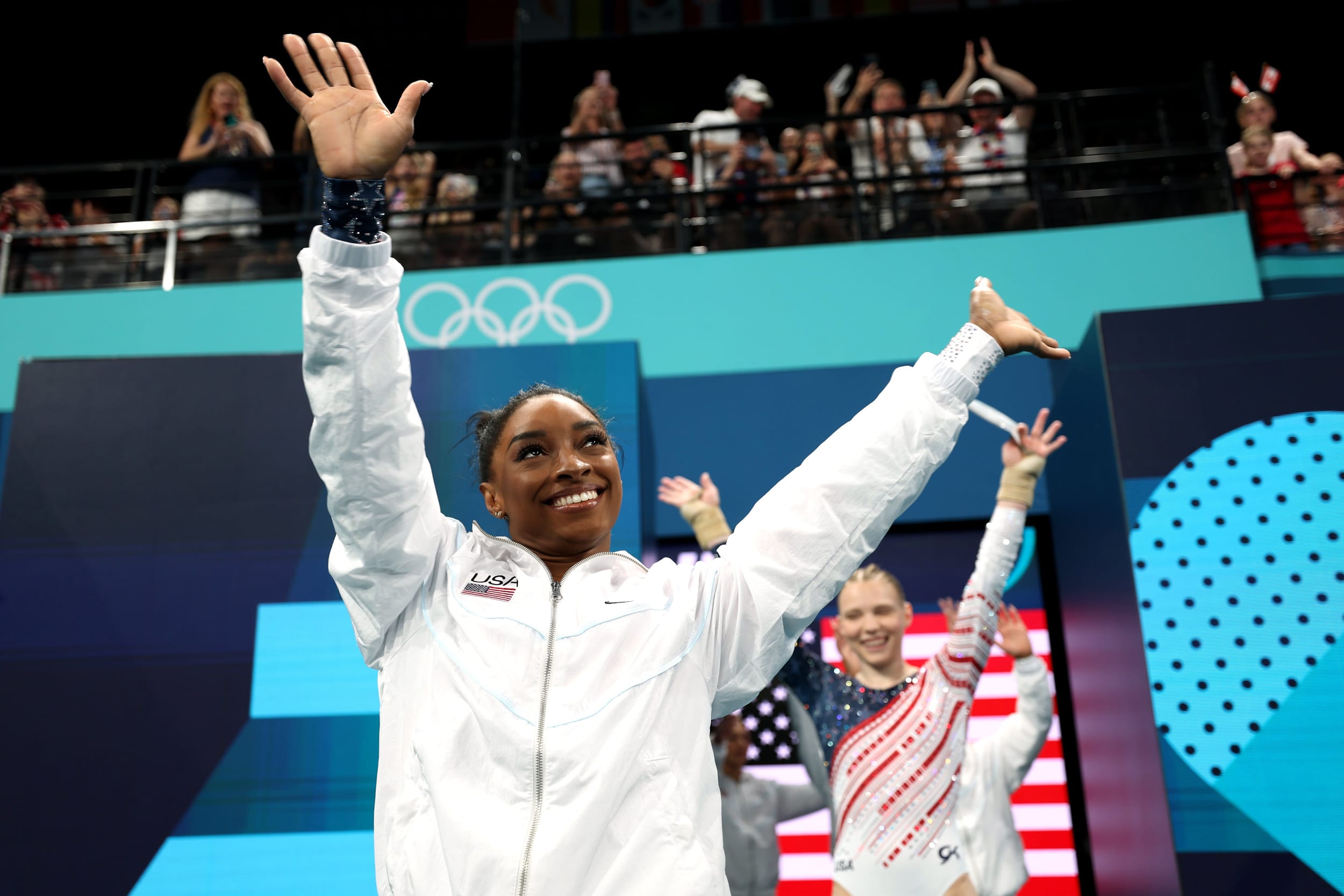 Simone Biles is introduced during the Artistic Gymnastics Women's Team Final at the Olympics in Paris