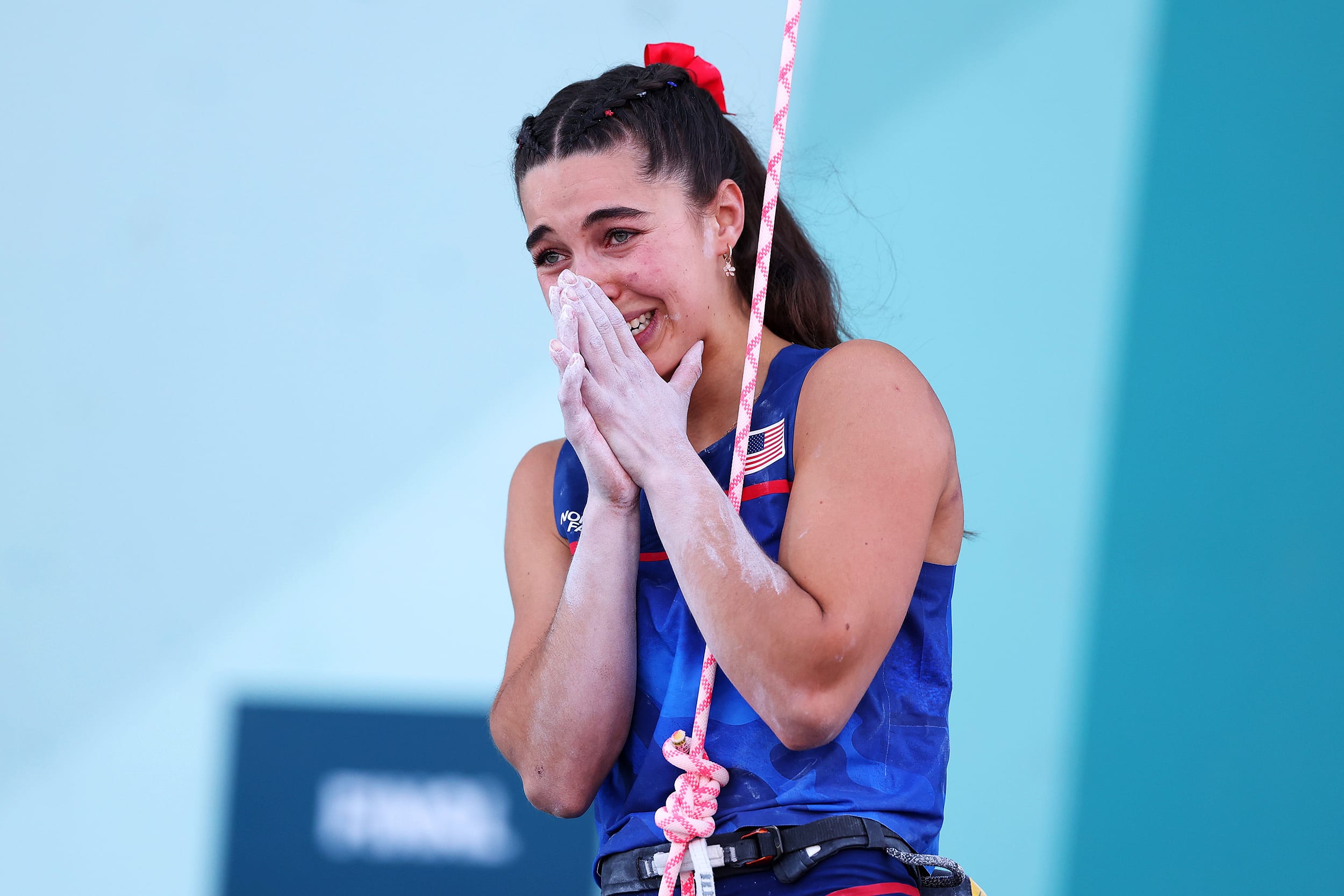 Brooke Raboutou celebrates after her climb during the women's boulder & lead event at the Olympic Games Paris 2024 at Le Bourget Sport Climbing Venue on August 10, 2024 in Paris, France.