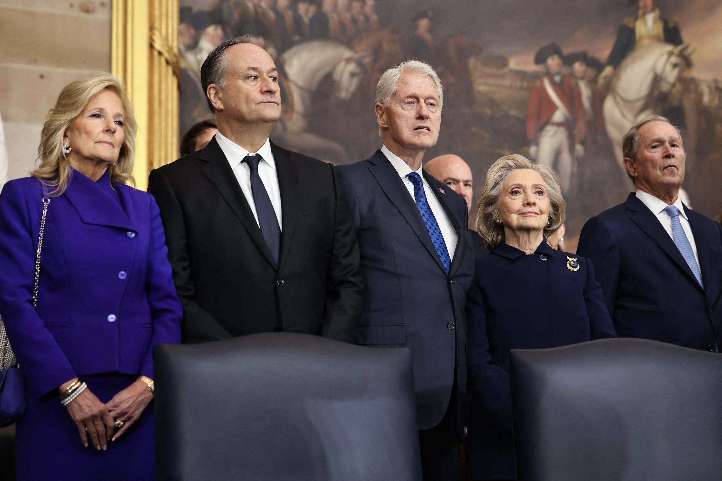 First lady Jill Biden, second gentleman Doug Emhoff, former President Bill Clinton, former Secretary of State Hillary Clinton, and former President George W. Bush attend the inauguration of Donald Trump.