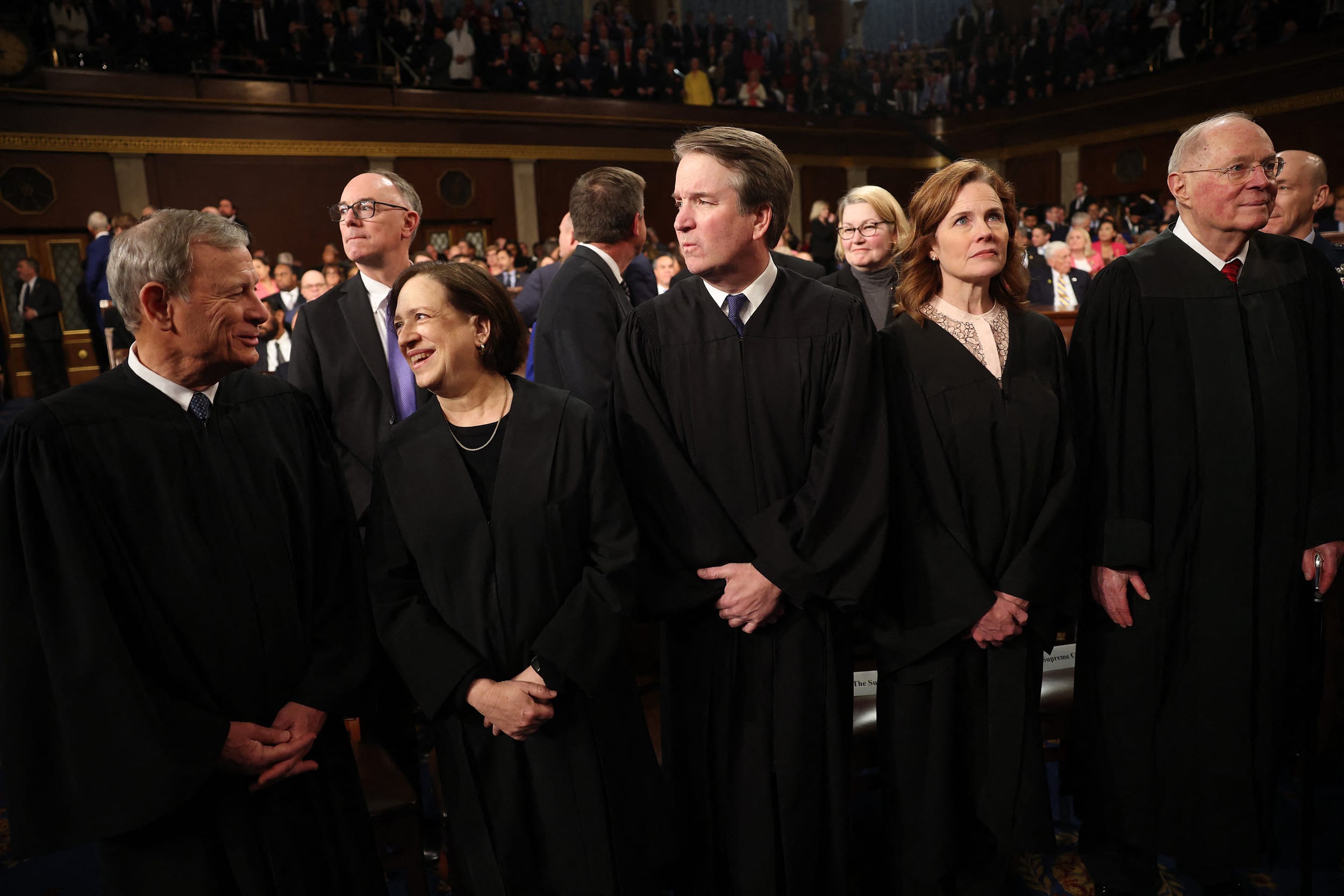 US Supreme Court Chief Justice John Roberts, US Supreme Court Associate Justice Elena Kagan, US Supreme Court Associate Justice Brett Kavanaugh, US Supreme Court Associate Justice Amy Coney Barrett and former Supreme Court Associate Justice Anthony Kennedy US President Donald Trump's address to a joint session of Congress at the US Capitol in Washington, DC, on March 4, 2025. 
