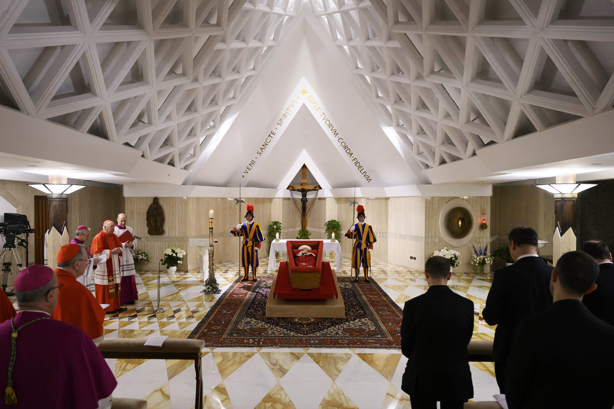 Pope Francis in his open coffin during the rite of the Confirmation of the Death of the Pontiff at the Chapel of Santa Marta in The Vatican on April 21, 2025. 