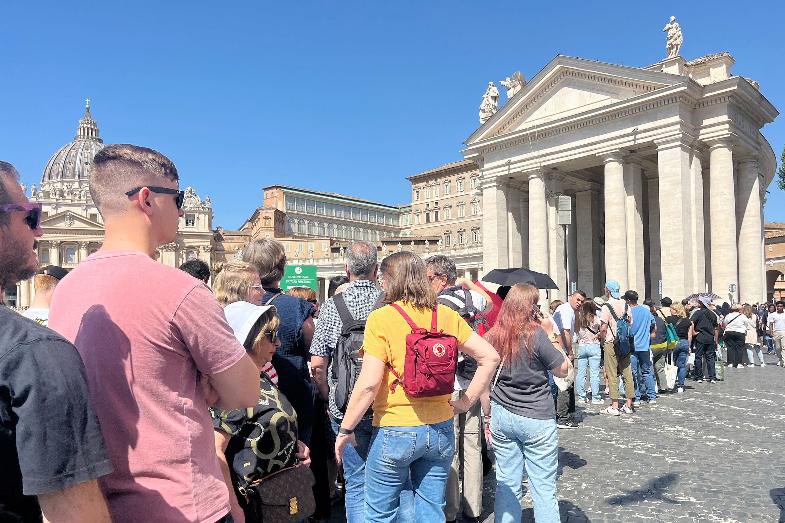 They came together to Rome to visit St. Peter’s Basilica, and are patiently waiting their turn to enter, along with hundreds of tourists from around the world: Canada, the United States, Peru, the Philippines—just a few of the countries represented among those near the group of nuns.