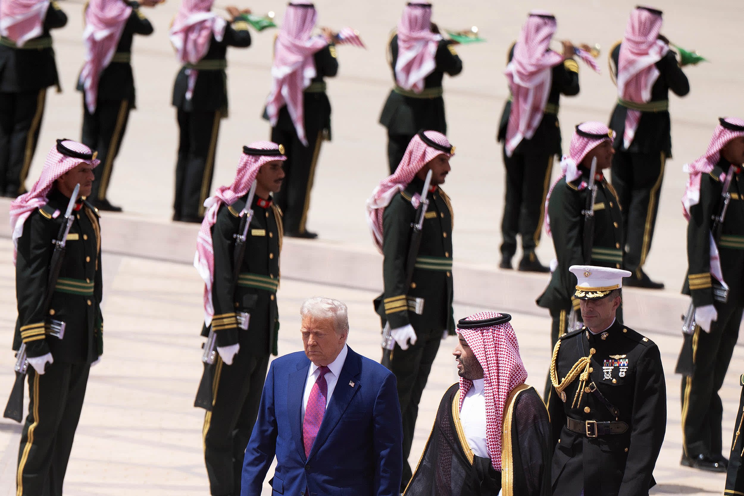 Saudi Crown Prince Mohammed bin Salman walks with US President Donald Trump upon his arrival in Riyadh