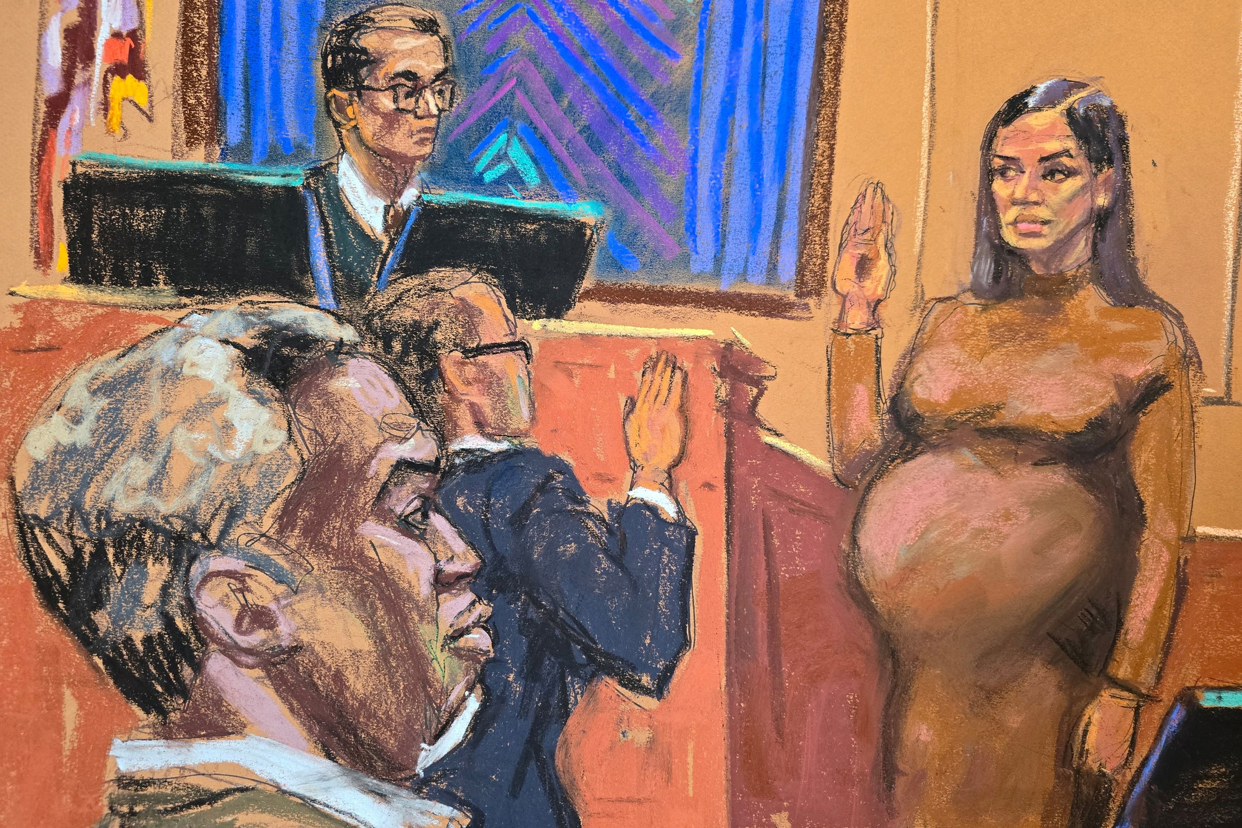 Courtroom sketch of Sean "Diddy" Combs and former girlfriend Casandra "Cassie" Ventura.