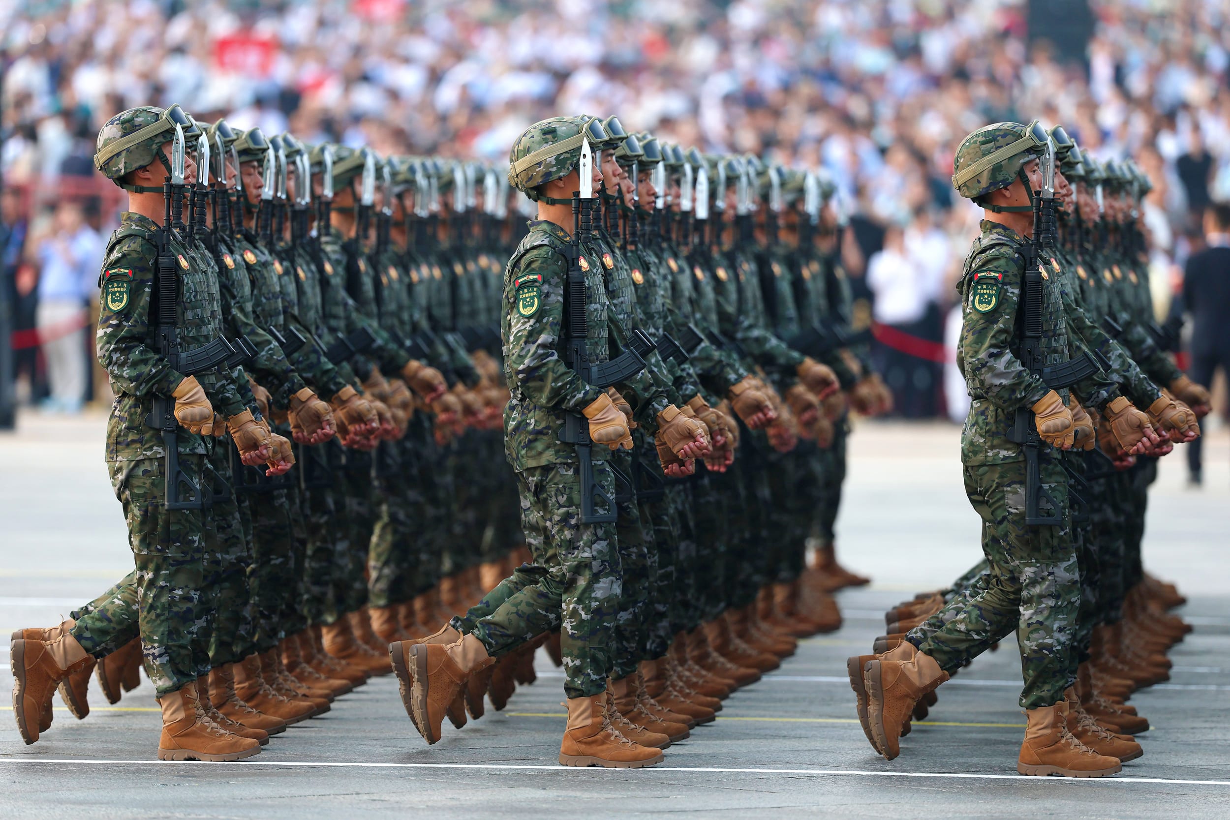 Soldiers rehearse prior to China's military parade.