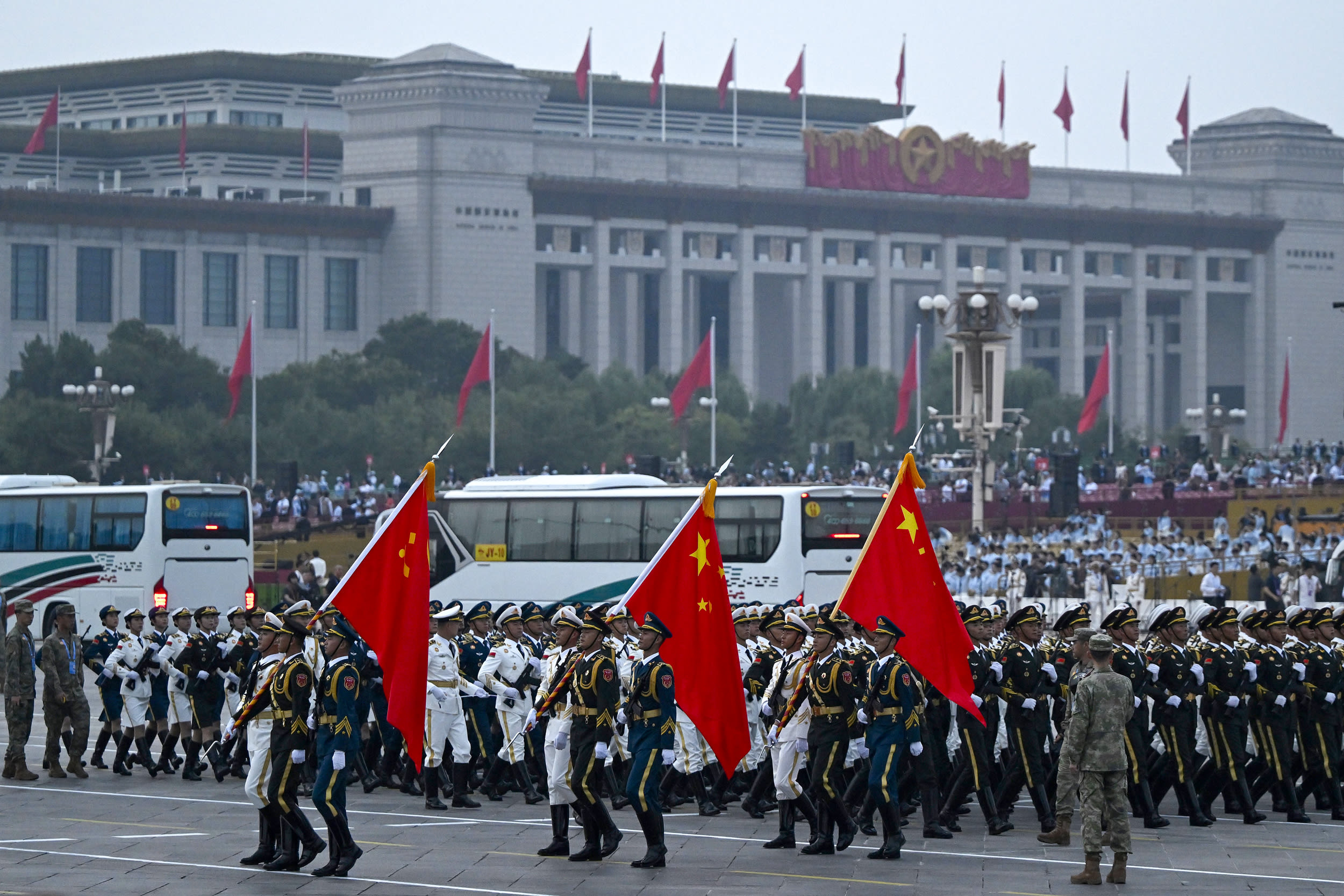 Soldiers rehearse prior to China's military parade.