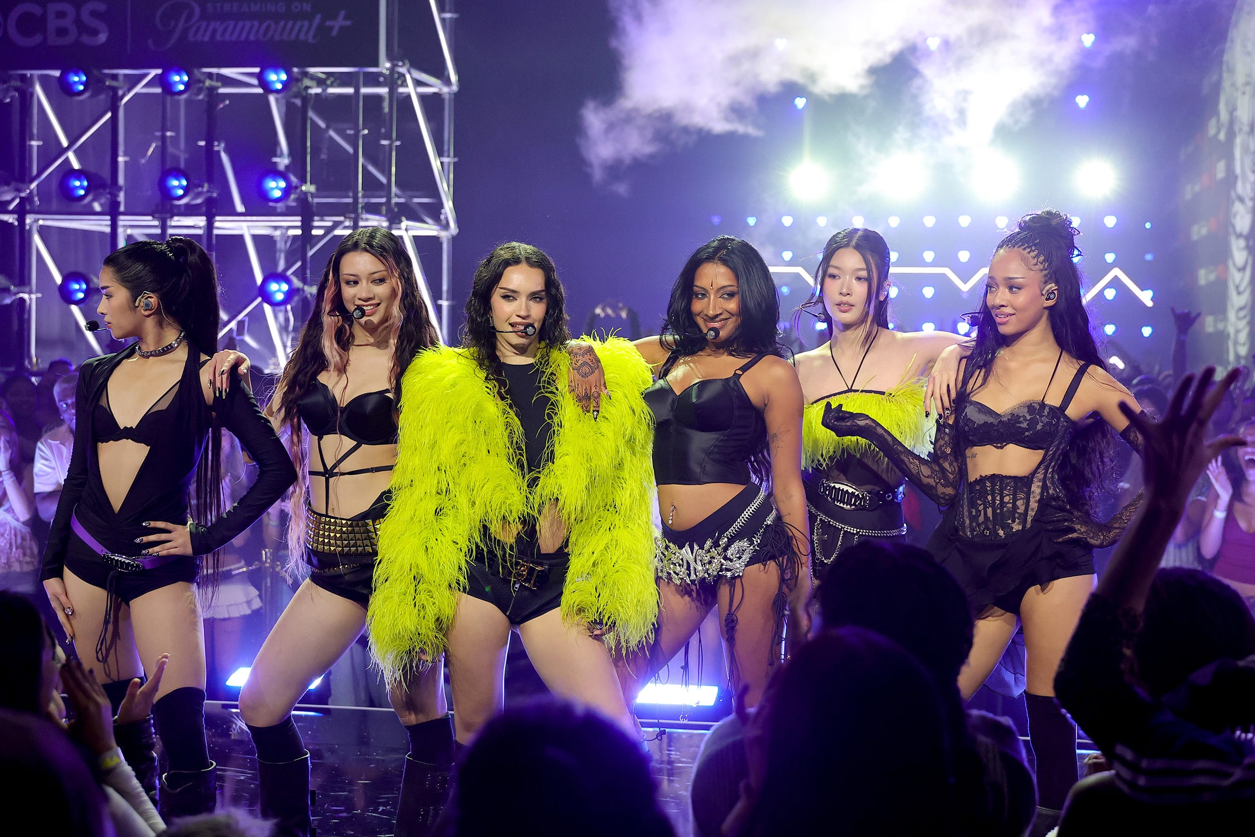 Sophia, Megan, Daniela, Lara Raj, Yoonchae and Manon of KATSEYE perform during the 2025 MTV Video Music Awards at UBS Arena on Sunday.