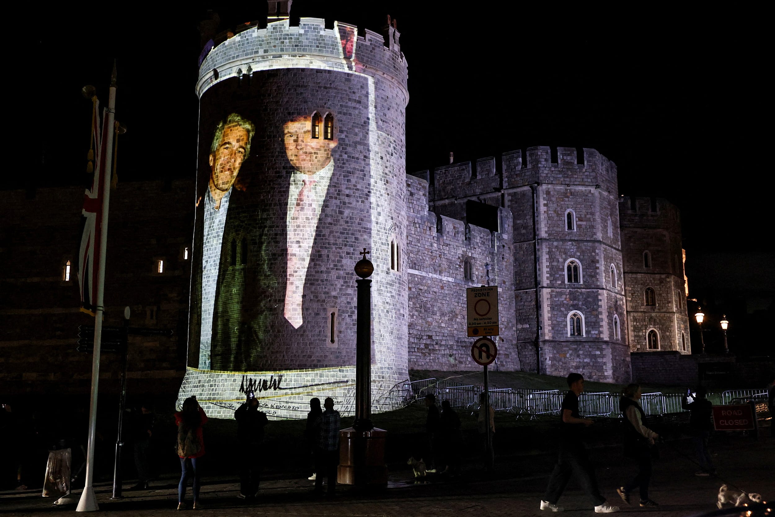Image of President Donald Trump alongside disgraced financier Jeffrey Epstein is projected on Windsor castle