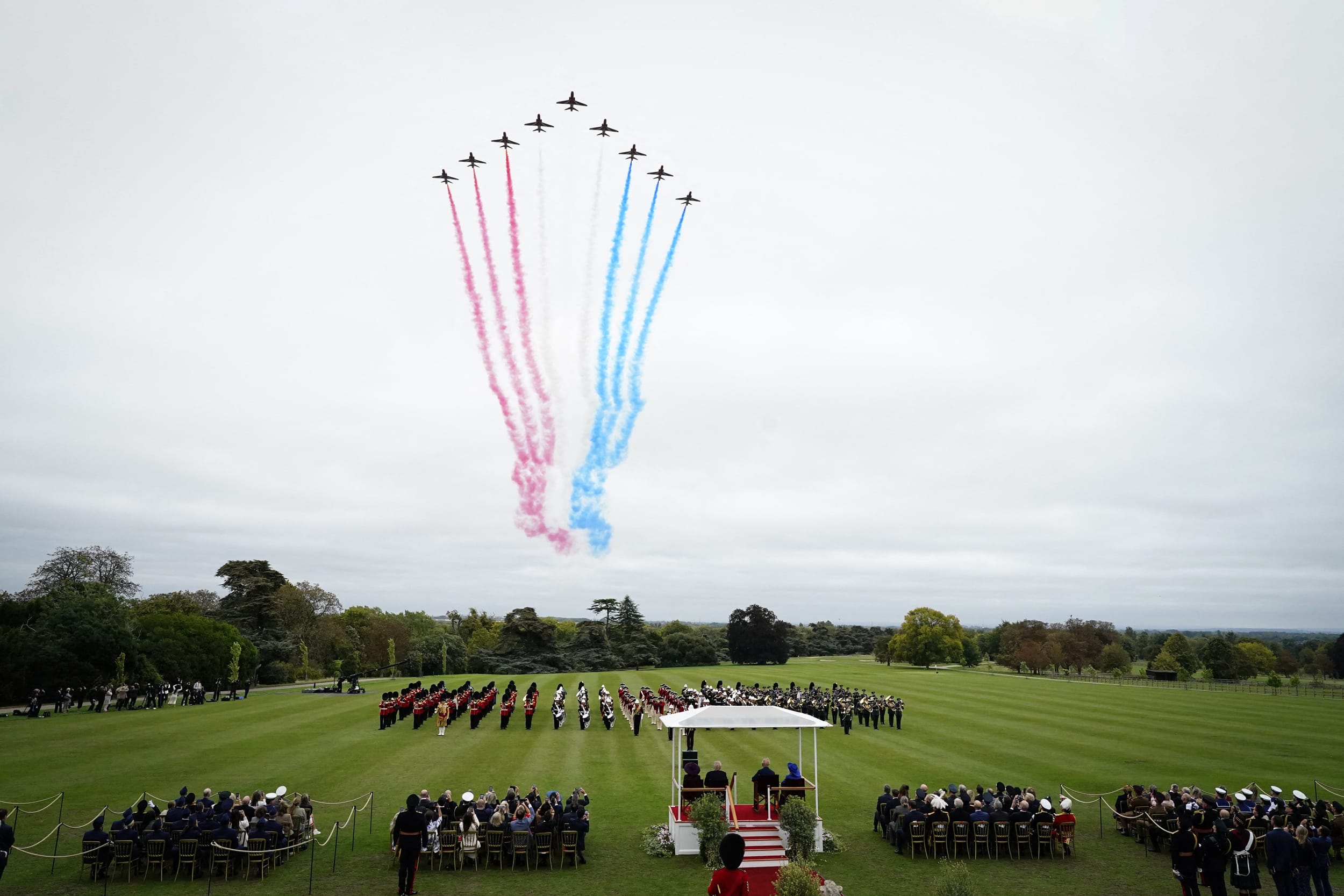 The Royal Air Force Aerobatic Team, The Red Arrows, perform a flypast over the Beating Retreat military ceremony on the East Lawn at Windsor Castle, in Windsor, on September 17, 2025, during President Donald Trump's visit. 