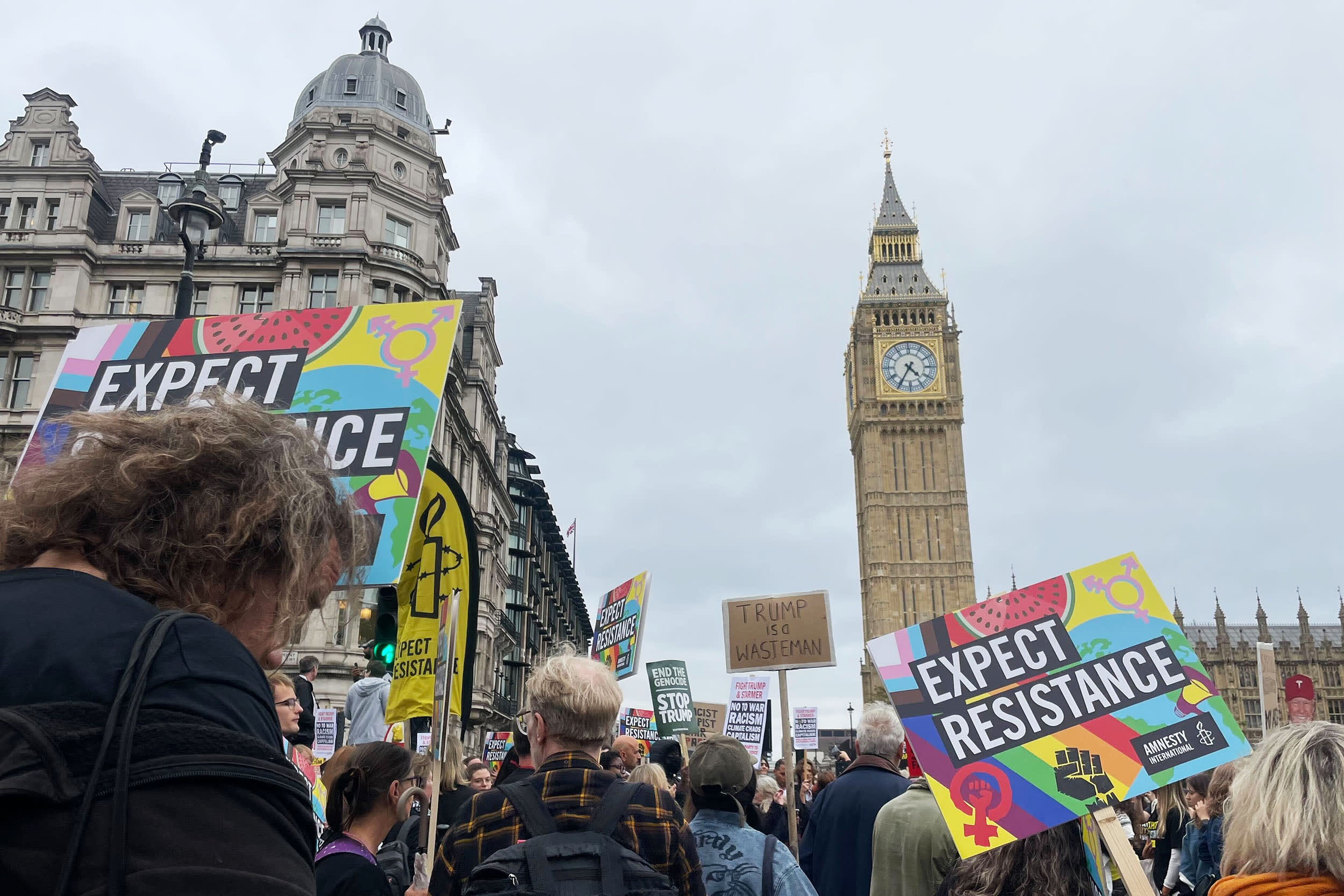 Thousands of people have amassed in London’s Parliament Square after marching through the city’s center this afternoon to protest Trump’s state visit to the U.K. on Sept. 17, 2025.