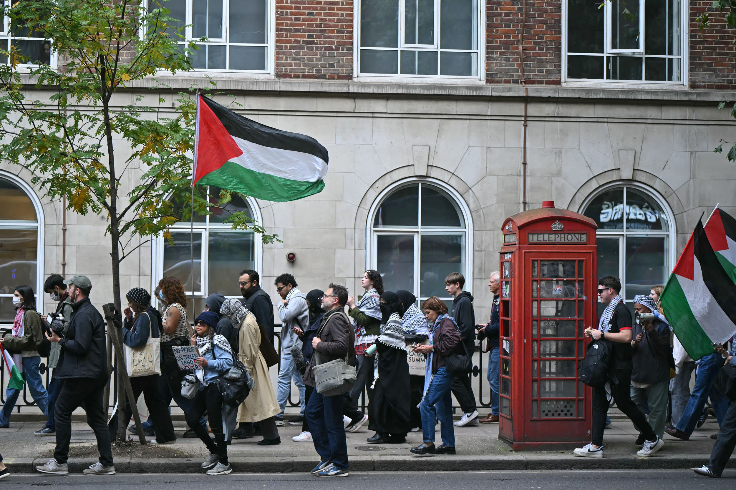 Student protesters march for Gaza in London on Oct. 7, 2025.