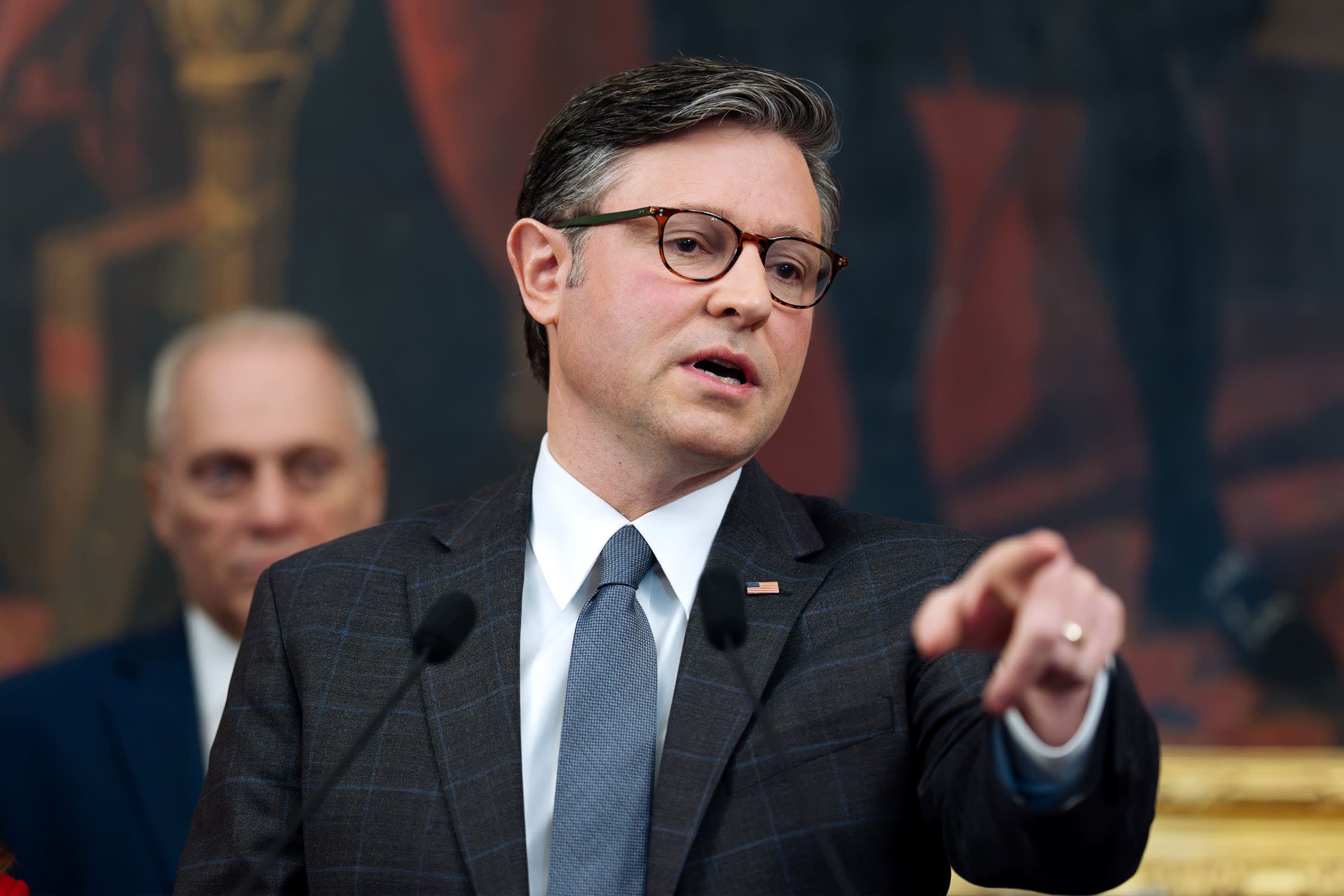 House Speaker Mike Johnson takes questions at the Capitol on Nov. 4, 2025. 