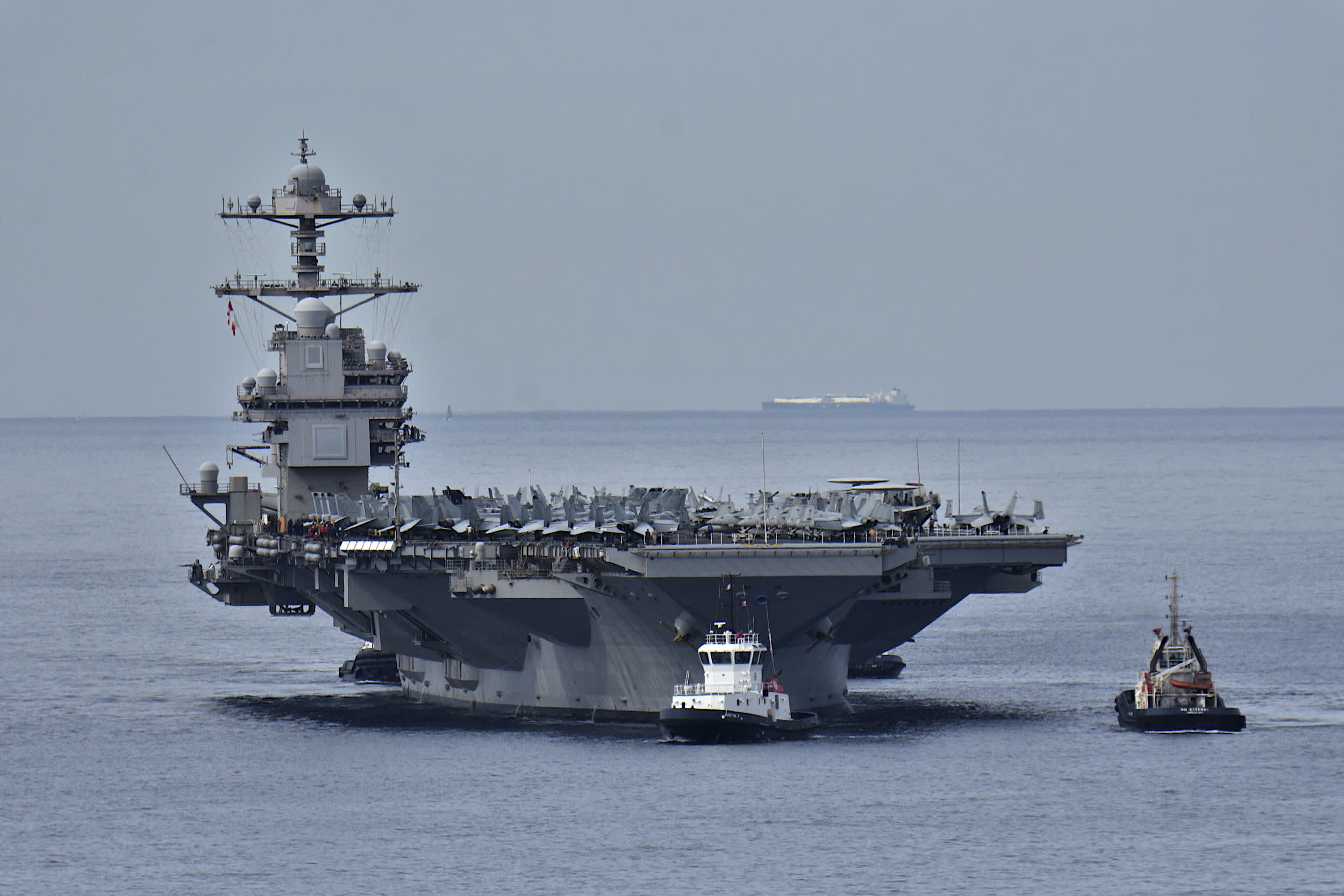 The aircraft carrier USS Gerald R. Ford arrives in Marseille, France, on Aug. 4, 2025.