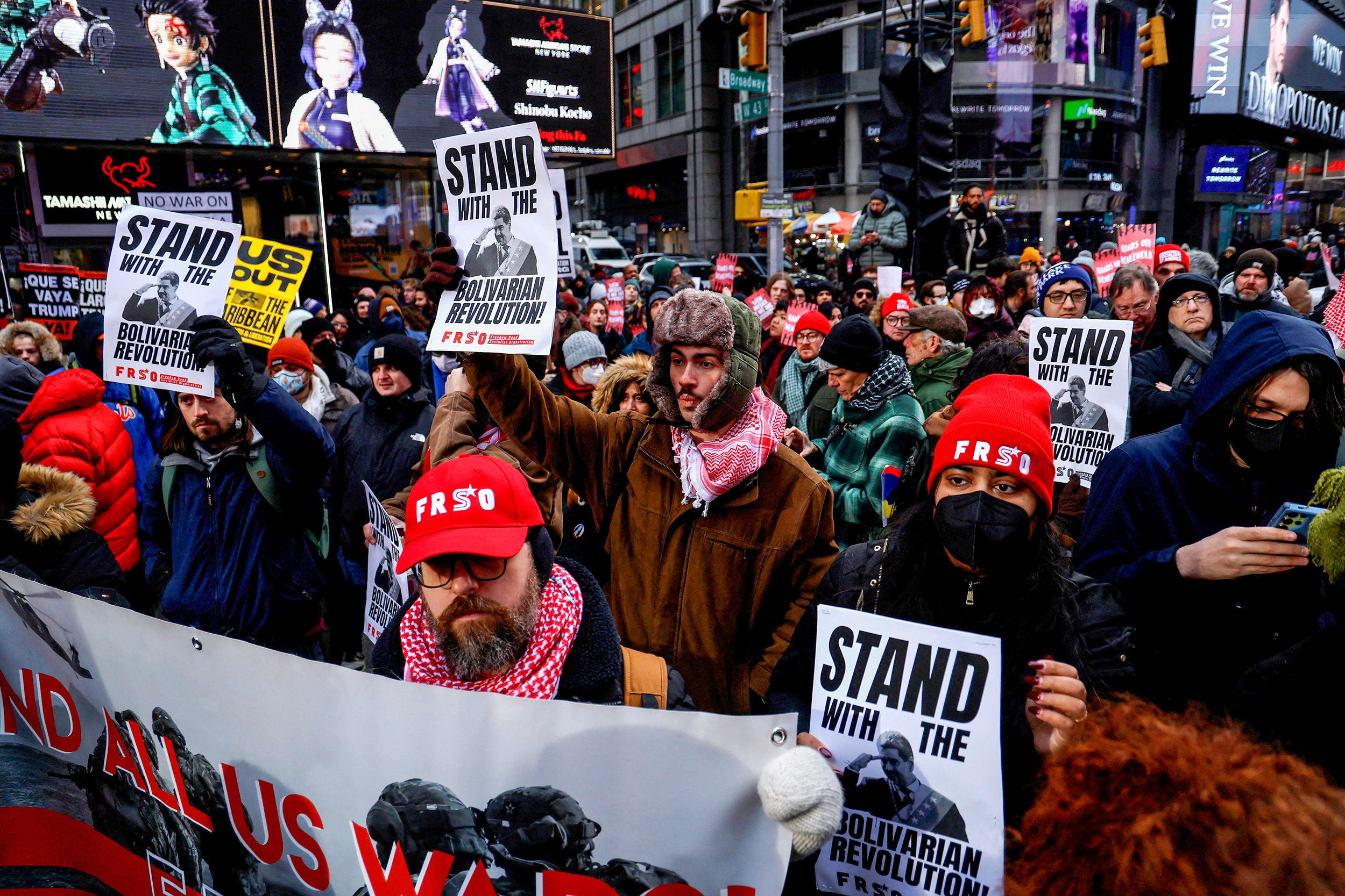 People protest in Times Square.
