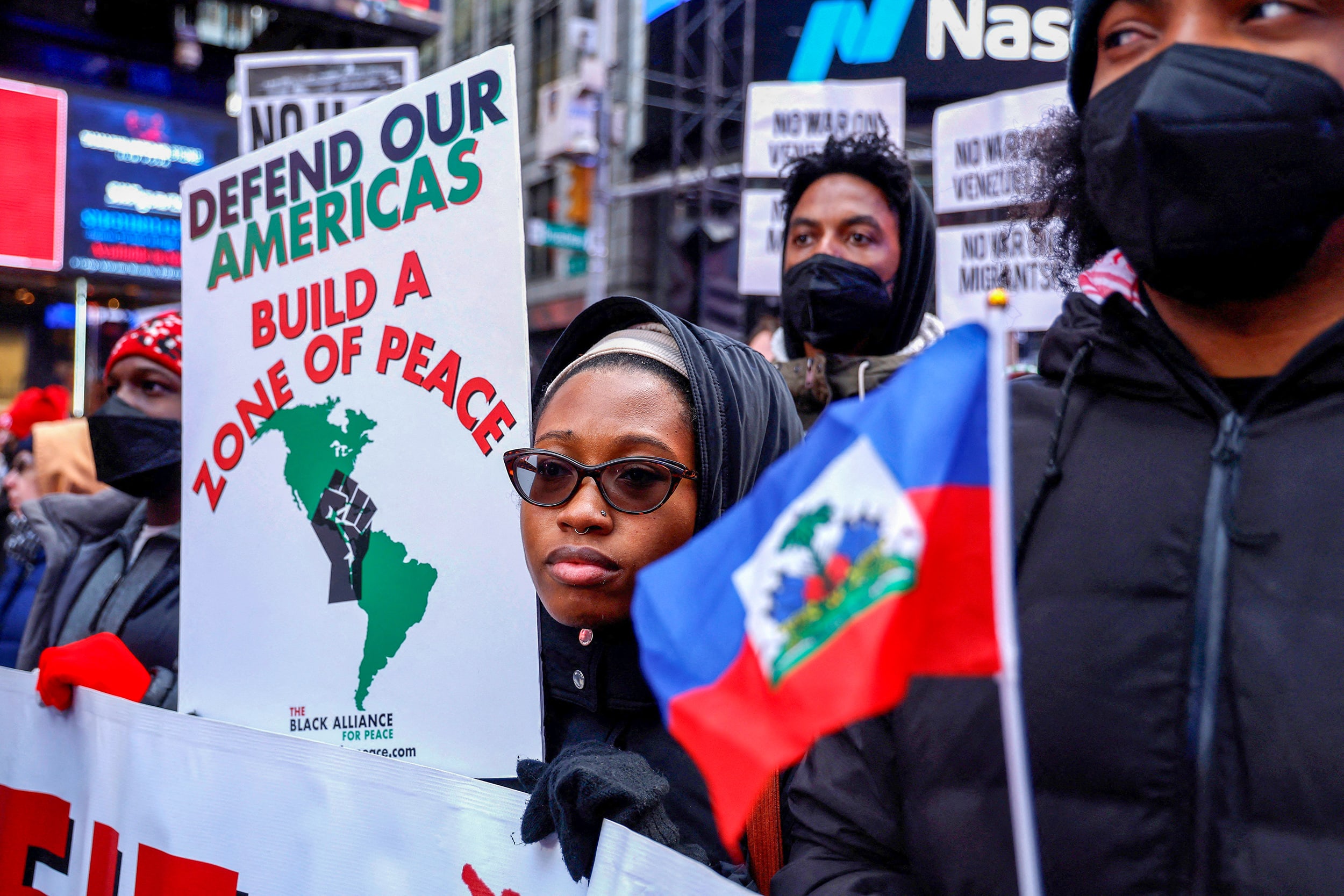 People protest in Times Square.