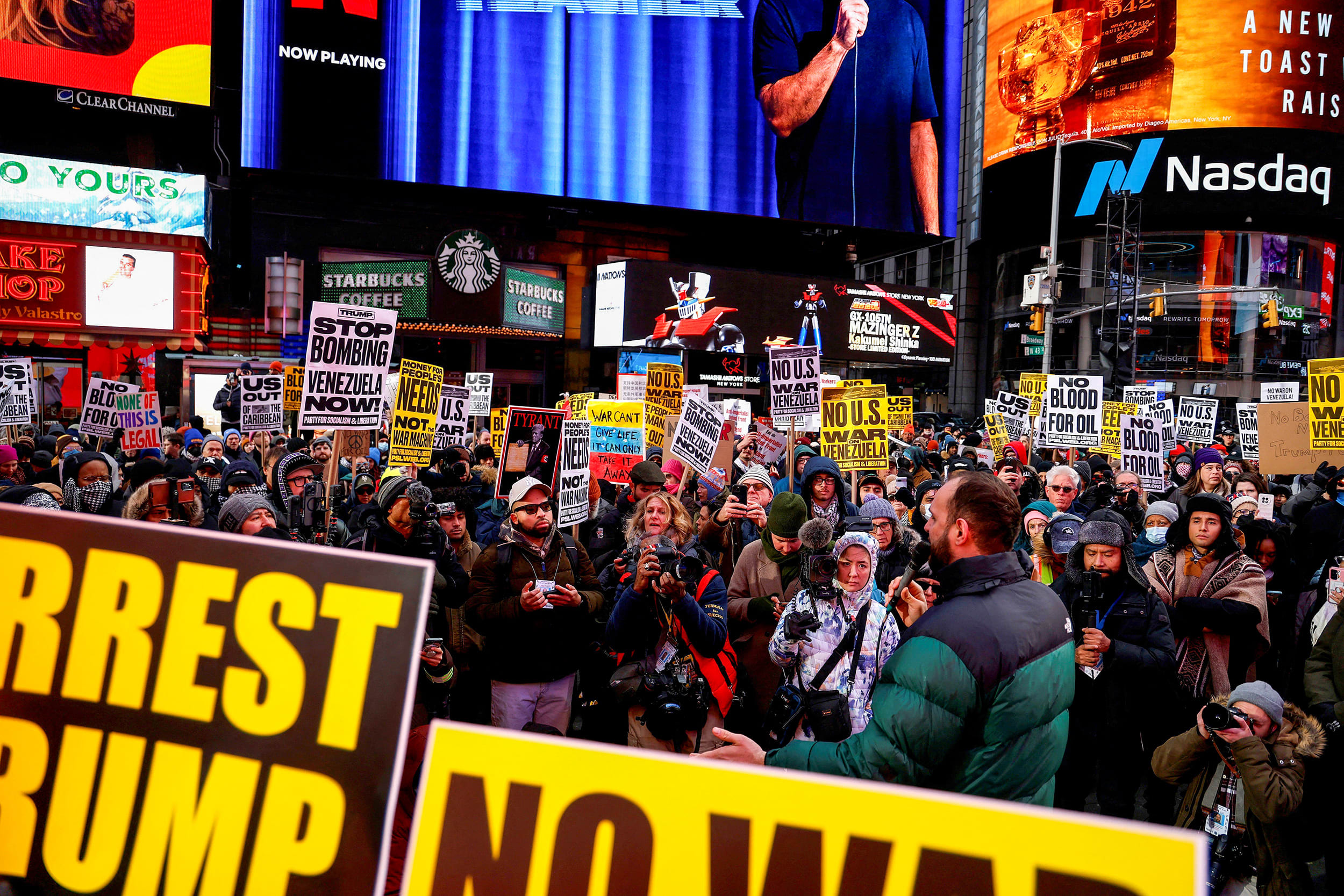 People protest in Times Square.