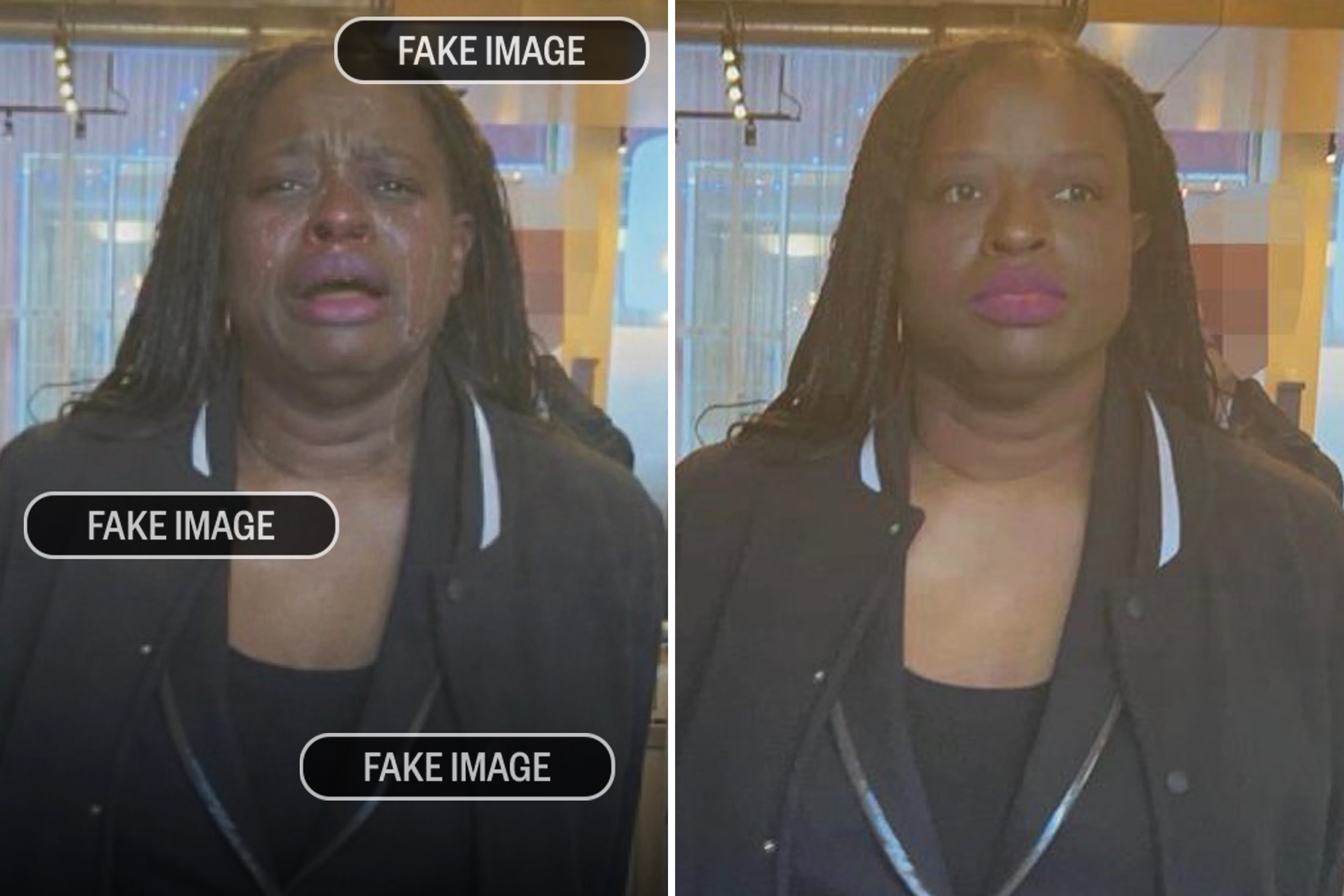 Composite image: Left side image shows a digitally altered image of Nekima Levy Armstrong crying. Right side image shows the real photo of Nekima Levy Armstrong not crying.