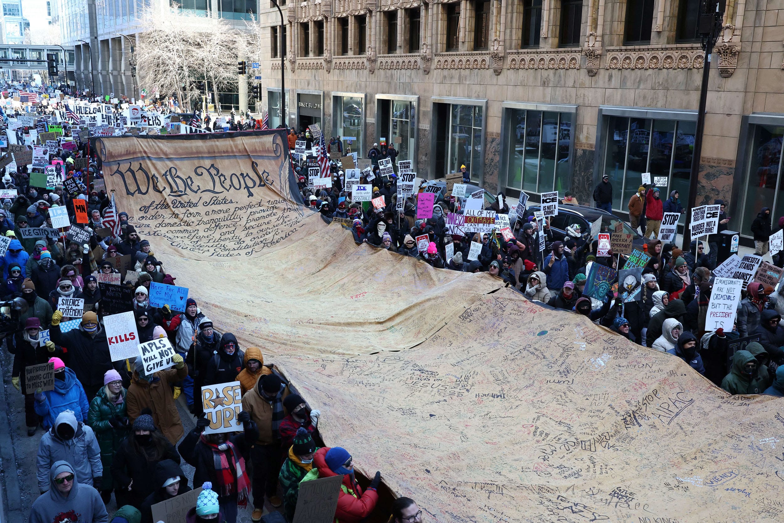 People partake in a "National Shutdown" protest against US Immigration and Customs Enforcement (ICE) in Minneapolis on January 30, 2026.