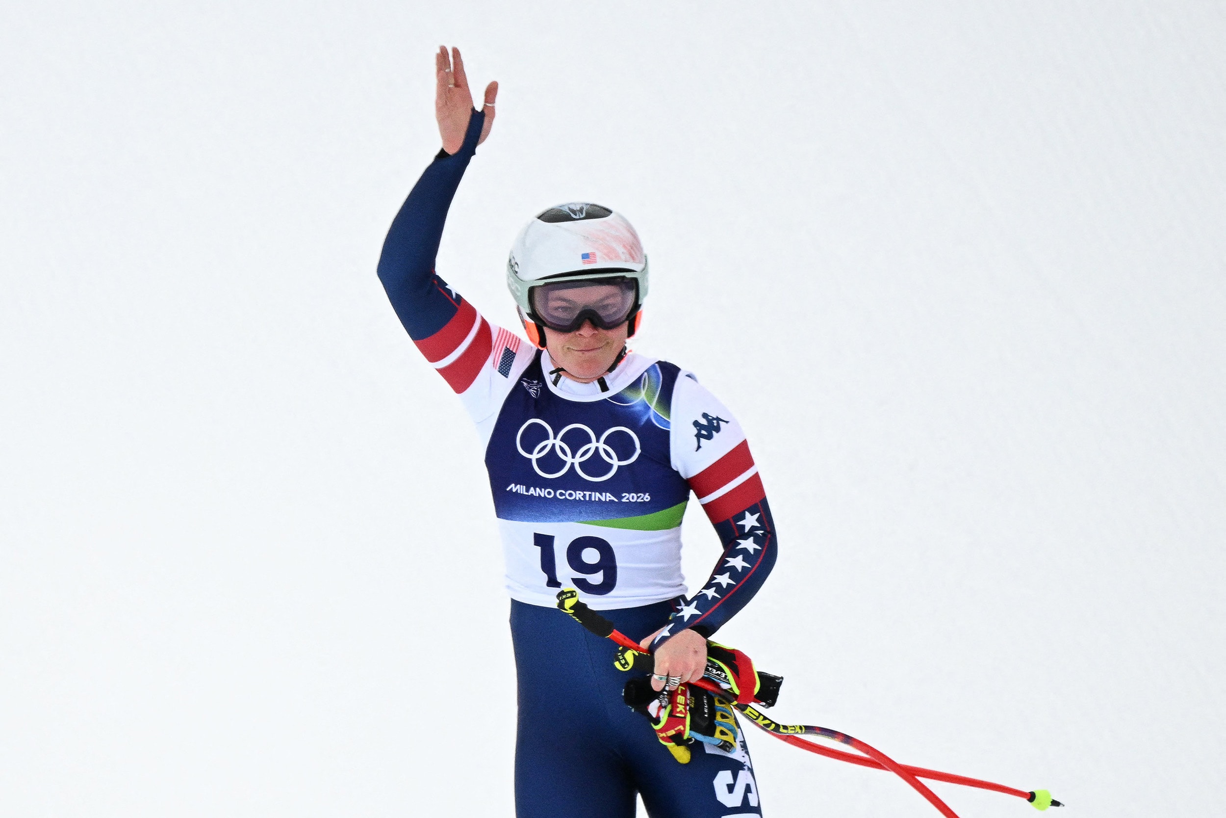 Breezy Johnson of Team USA reacts after crashing