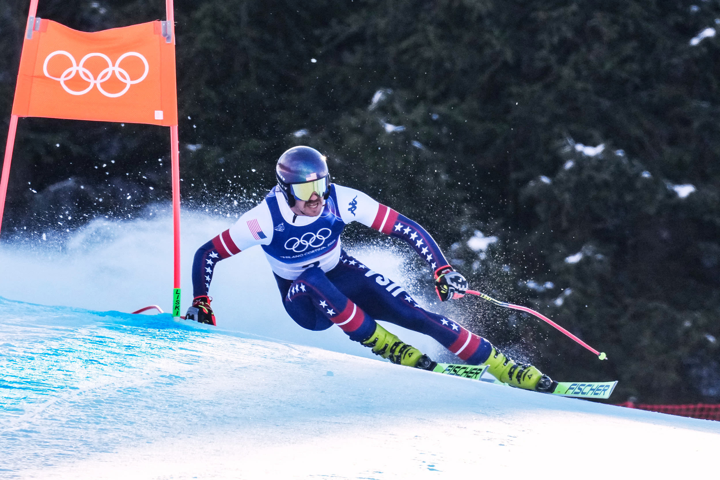 Bryce Bennett of Team USA competes in the men's downhill alpine skiing in Bormio, Italy on Feb. 7, 2026.