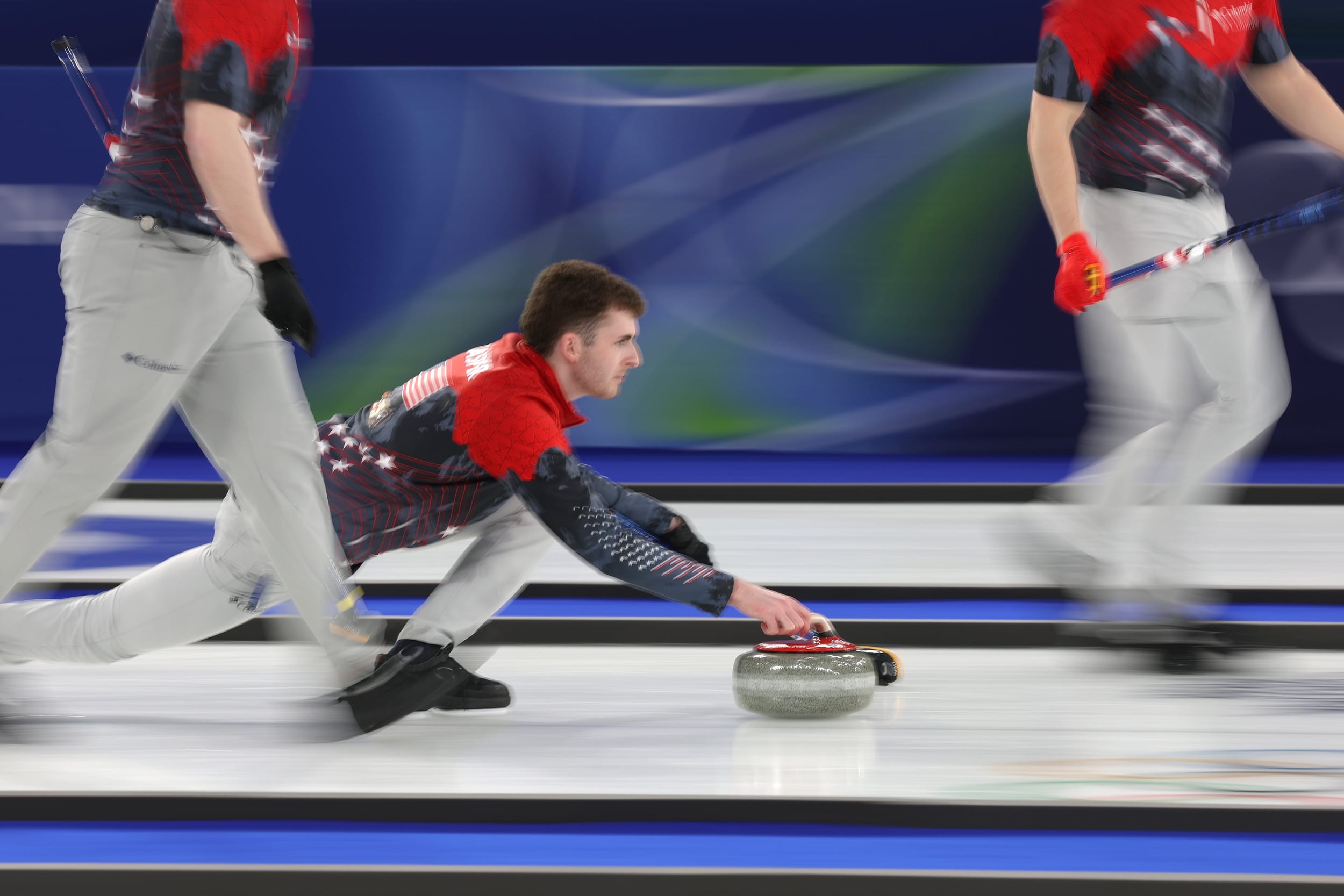 Daniel Casper of the U.S. during the men's Round Robin match between against Switzerland on February 12, 2026 in Cortina d'Ampezzo, Italy.