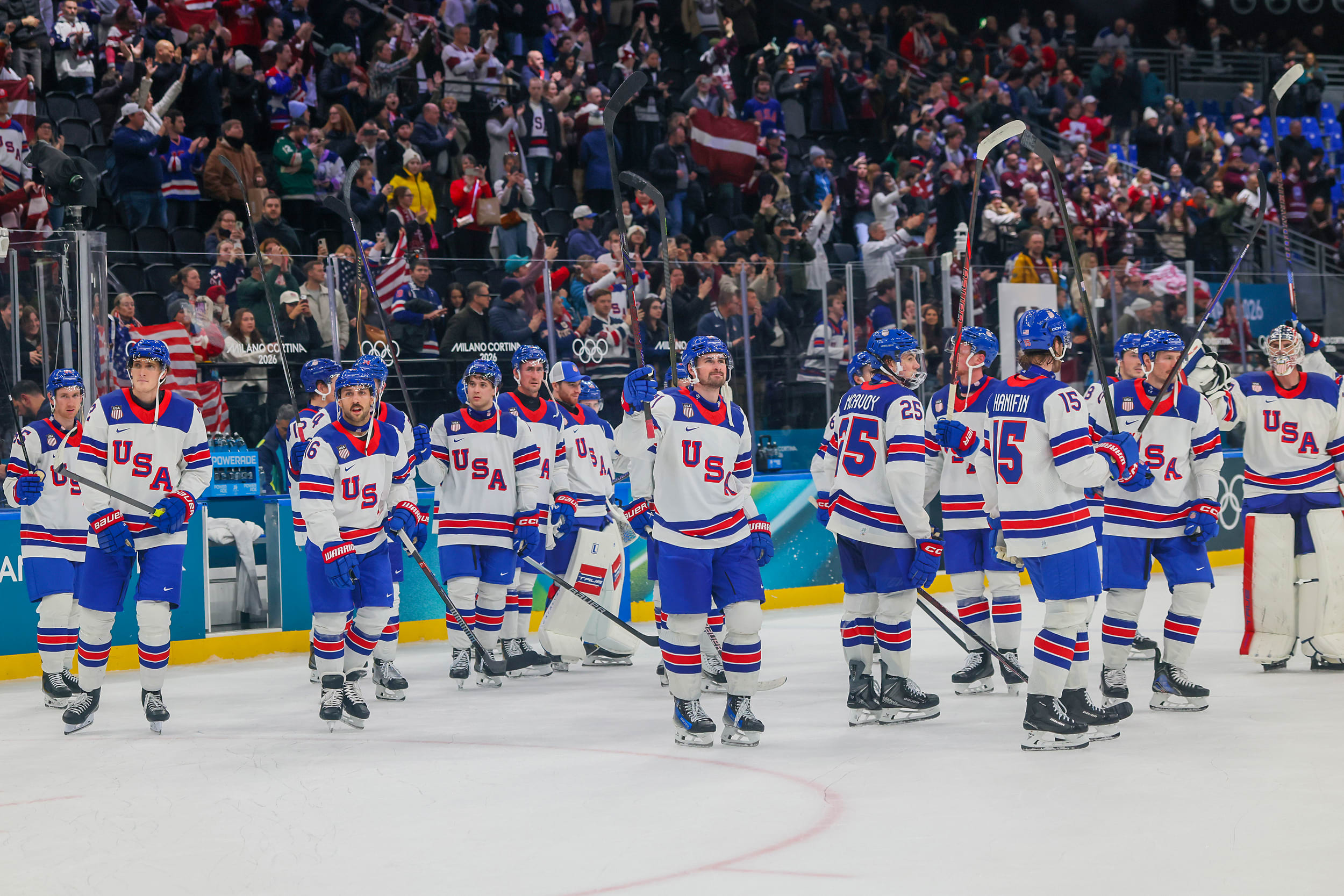 US Ice Hockey team celebrating their victory.