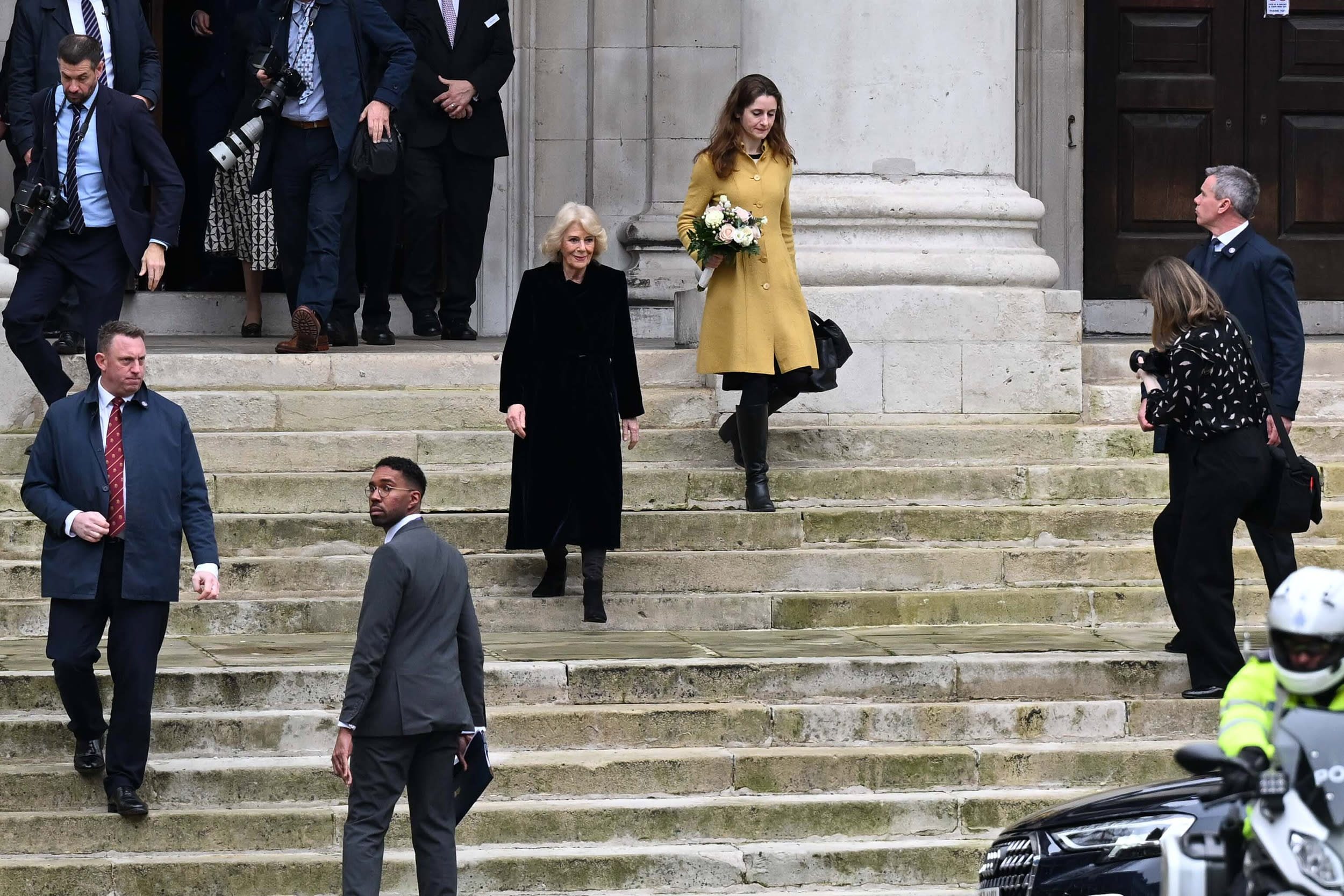 Queen Camilla leaves Sinfonia Smith Square Hall after visit in London
