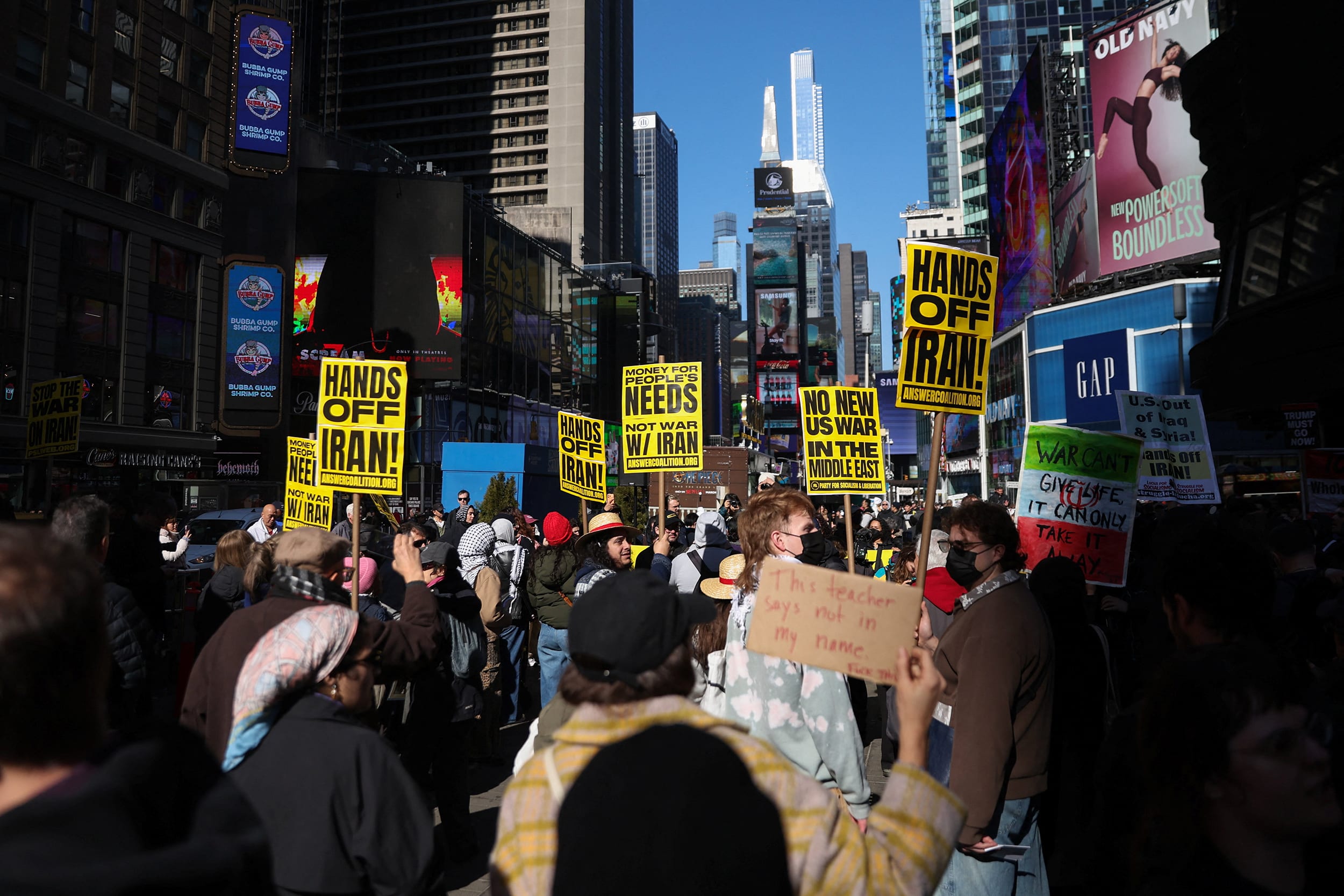 People attend a protest against U.S. and Israel strikes against Iran, in the Manhattan borough of New York City