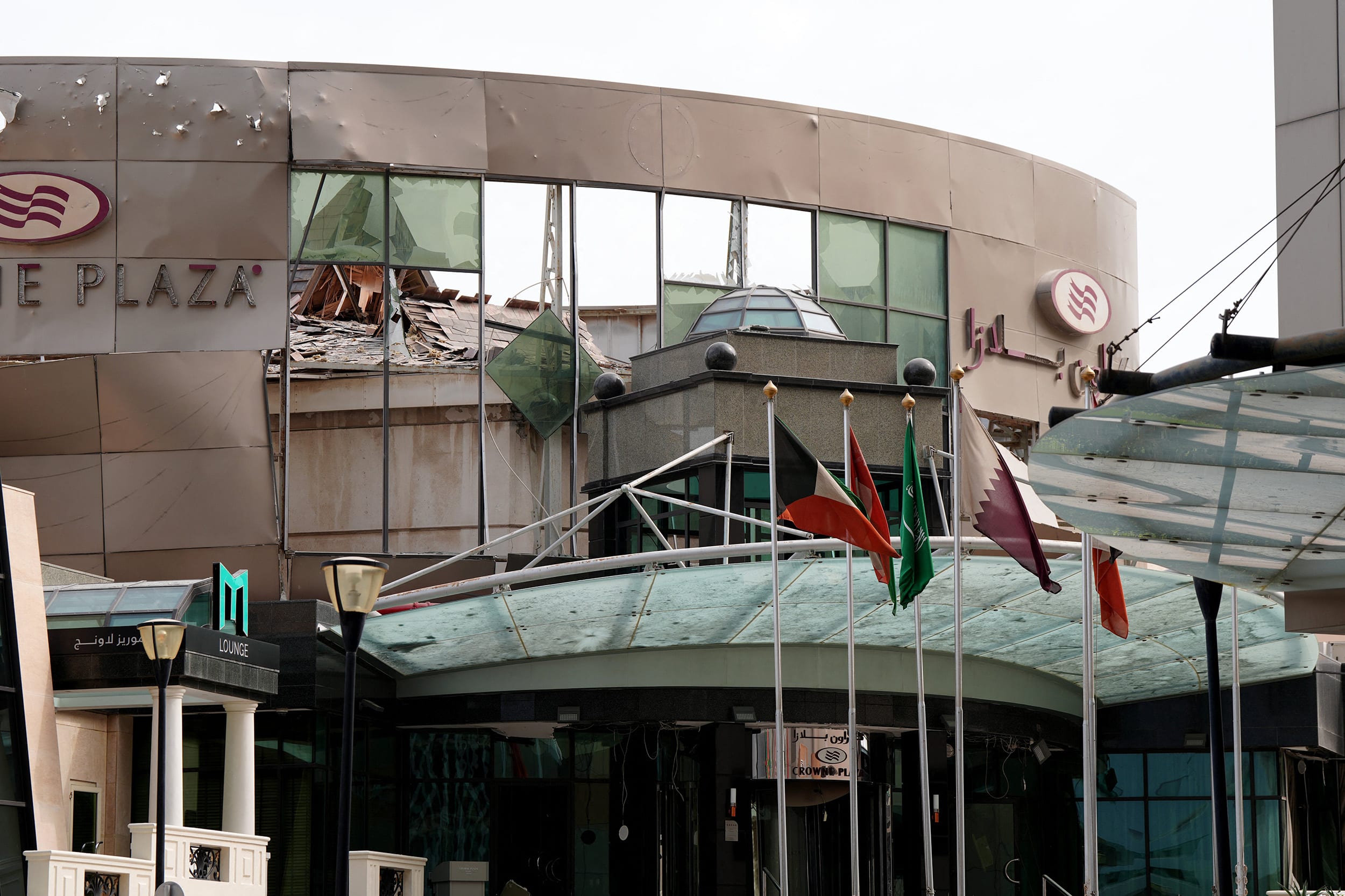 The damaged Crown Plaza hotel in Manama, Bahrain, following an Iranian strike on March 1, 2026. 