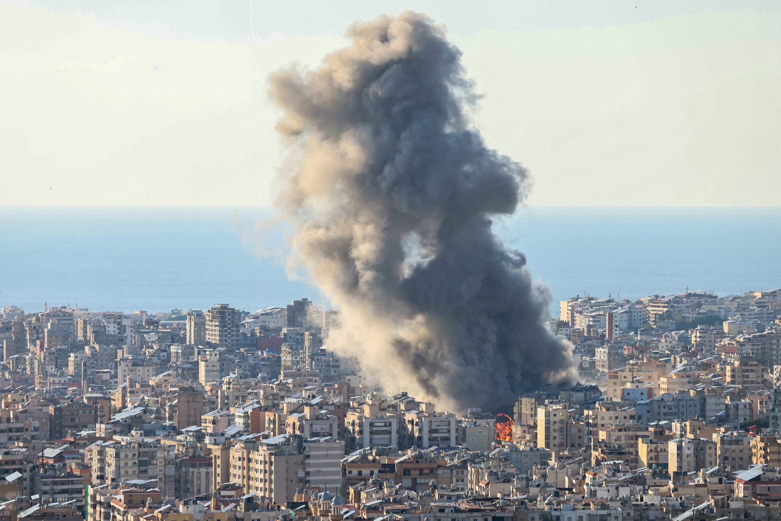 Smoke roses following Israeli bombardment on Beirut's southern suburbs on March 2, 2026. 
