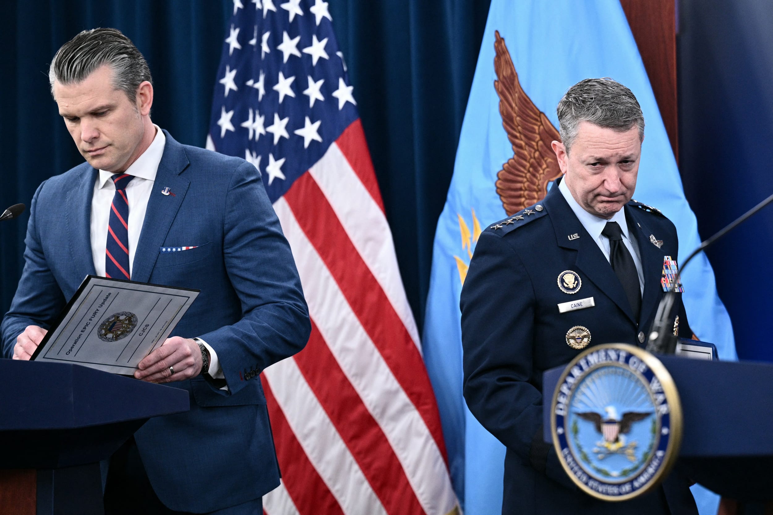 Defense Secretary Pete Hegseth and Chairman of the Joint Chiefs of Staff Gen. Dan Caine at the Pentagon on March 2, 2026.
