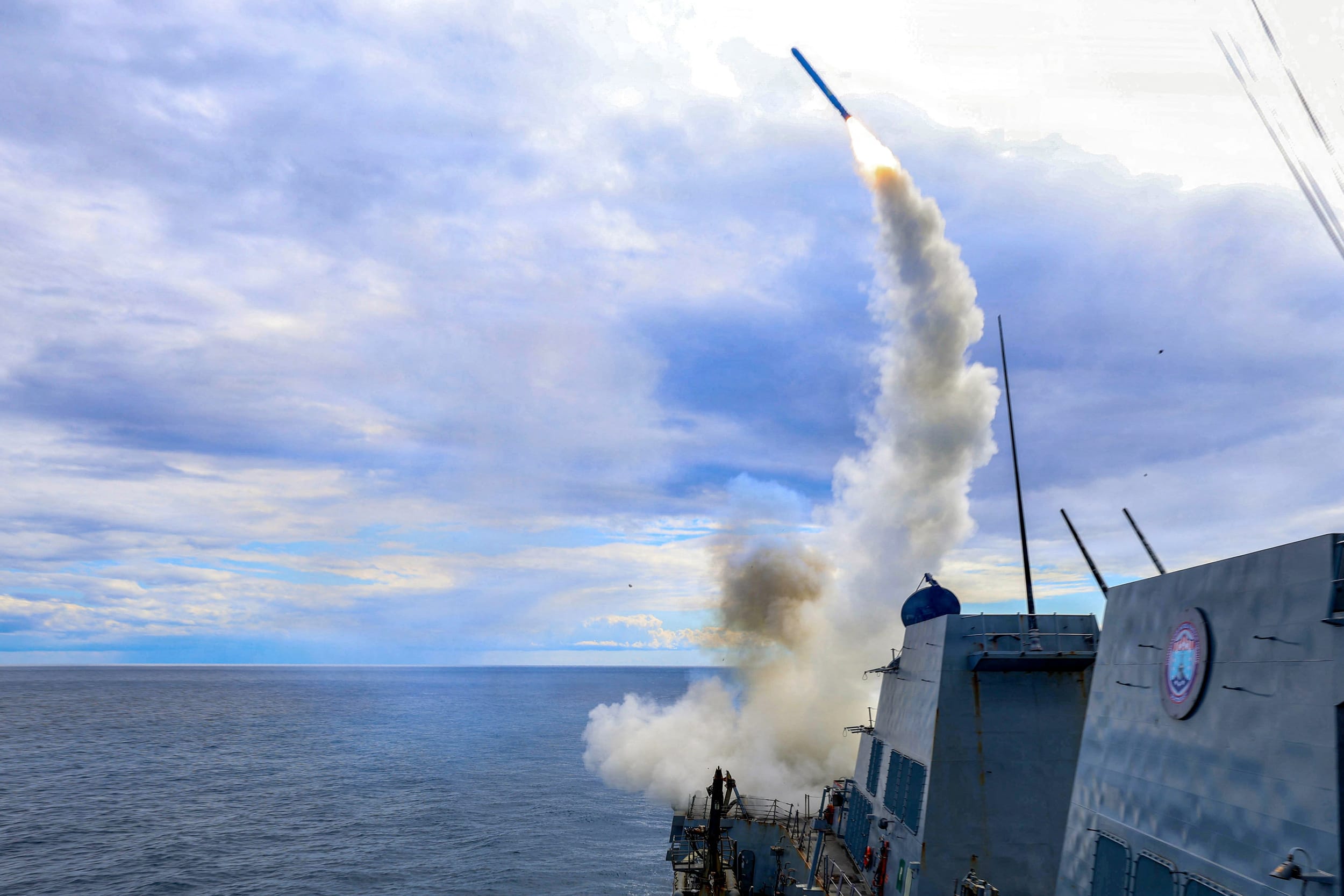 A Tomahawk missile fires from USS Thomas Hudner in support of Operation Epic Fury on March 1, 2026.