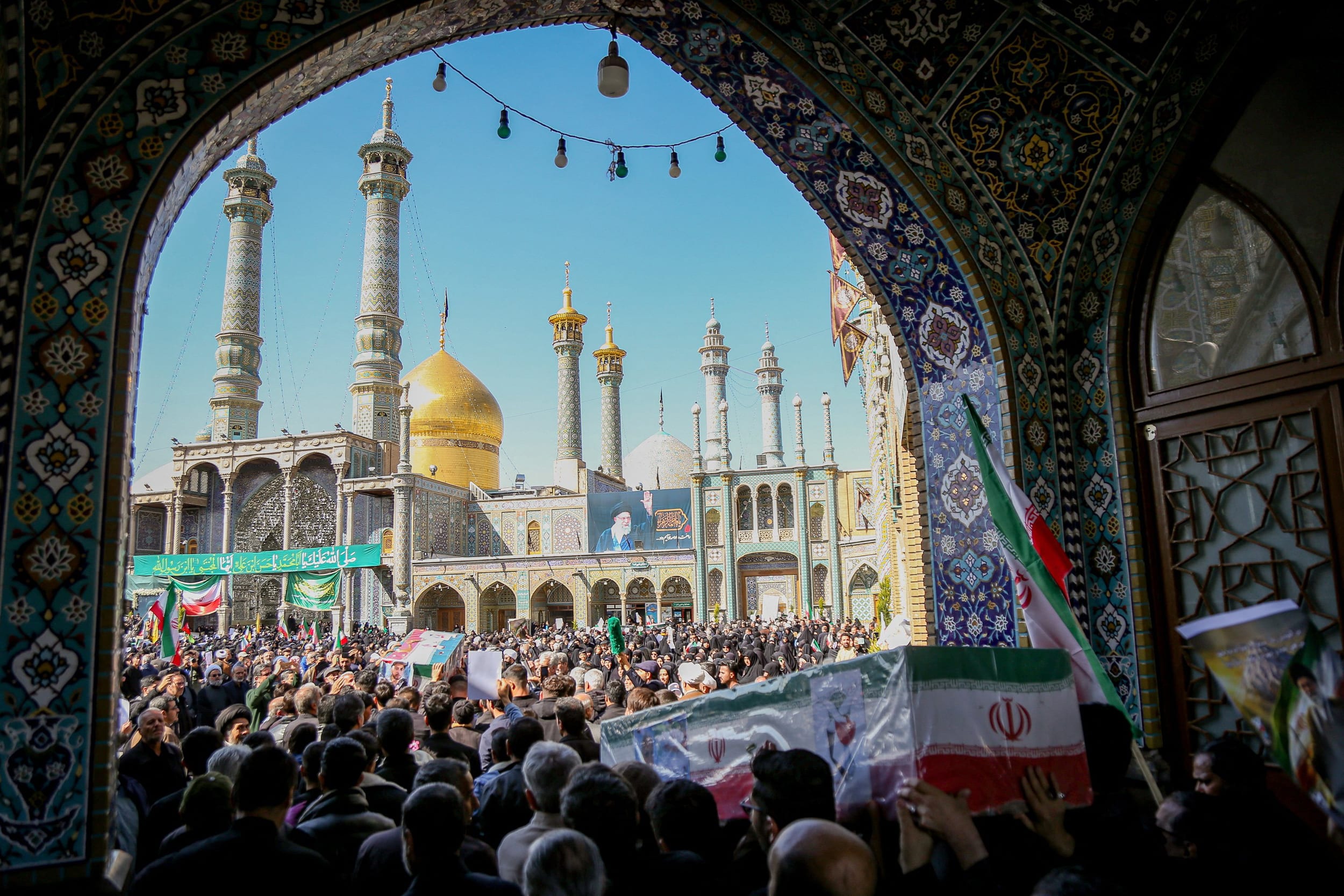Mourners in Qom attend a funeral on March 5, 2026, for those killed in strikes during the U.S.-Israeli war with Iran.