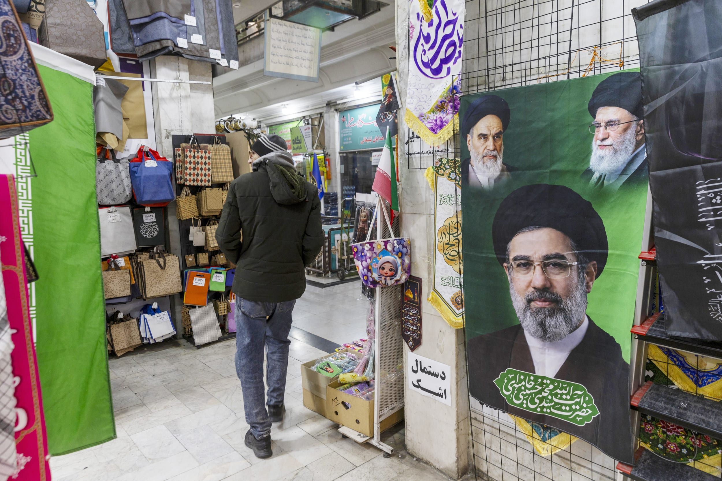Posters and other items inside a religious bazaar depicting the new Supreme Leader Mojtaba Khamenei on March 10, 2026 in Tehran, Iran. 