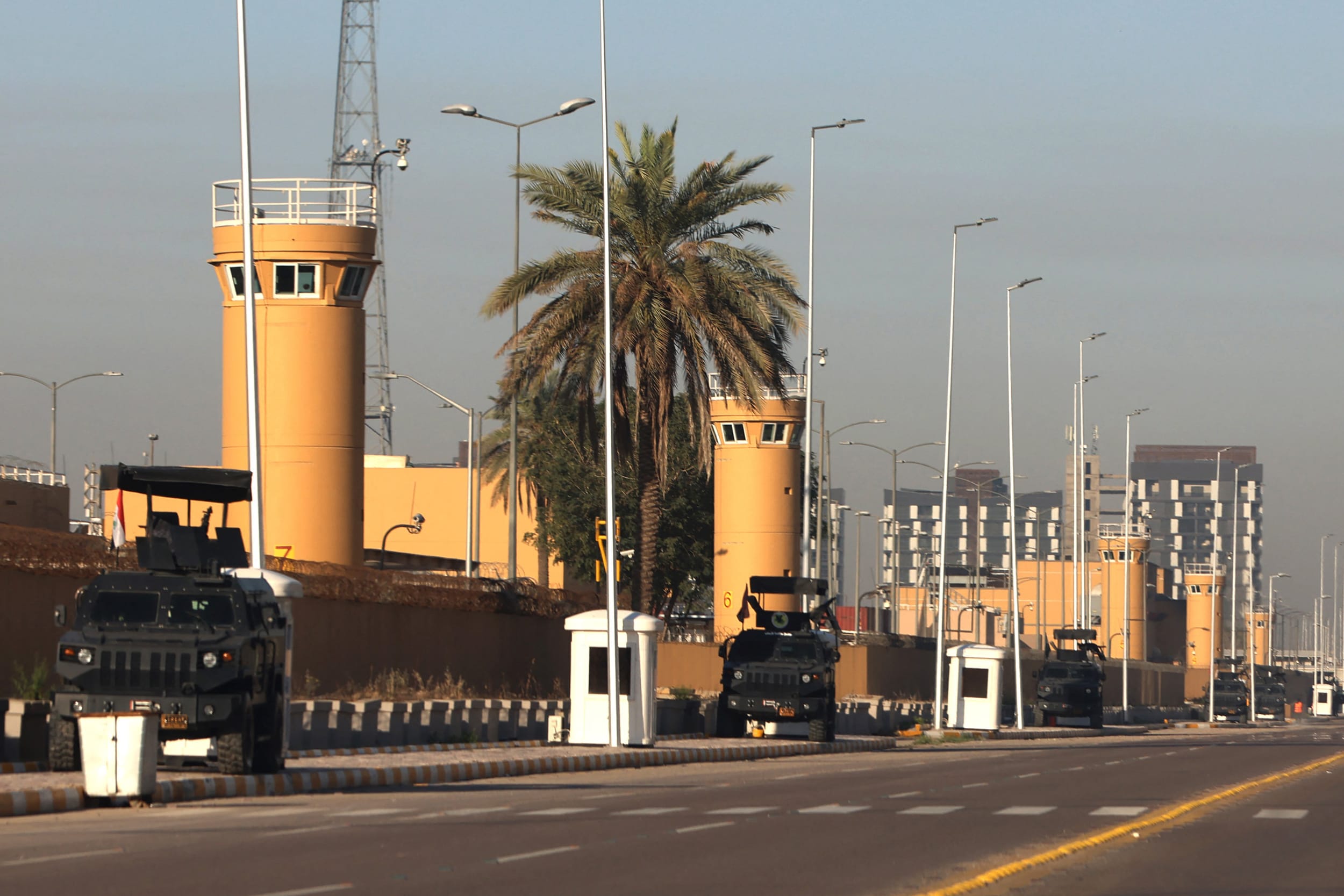 Security outside the U.S. Embassy in Baghdad's fortified "Green Zone" on March 17, 2026. 