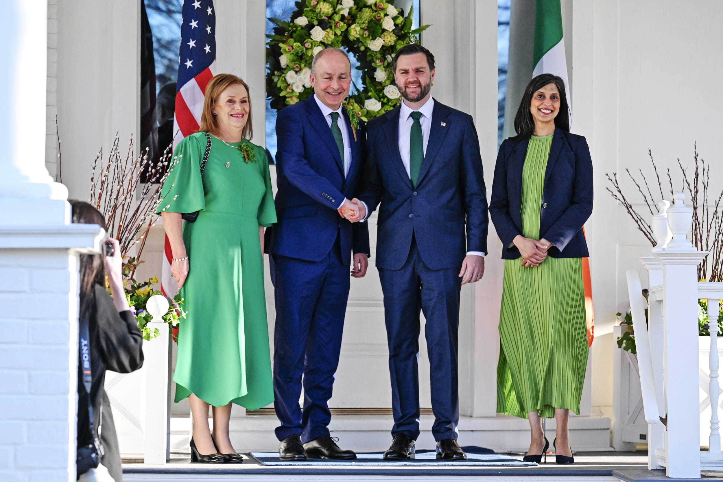 Vice President JD Vance and second lady Usha Vance greet the Taoiseach of Ireland Micheál Martin and his wife Mary O'Shea for a St. Patrick's Day breakfast at the Vice President's residence
