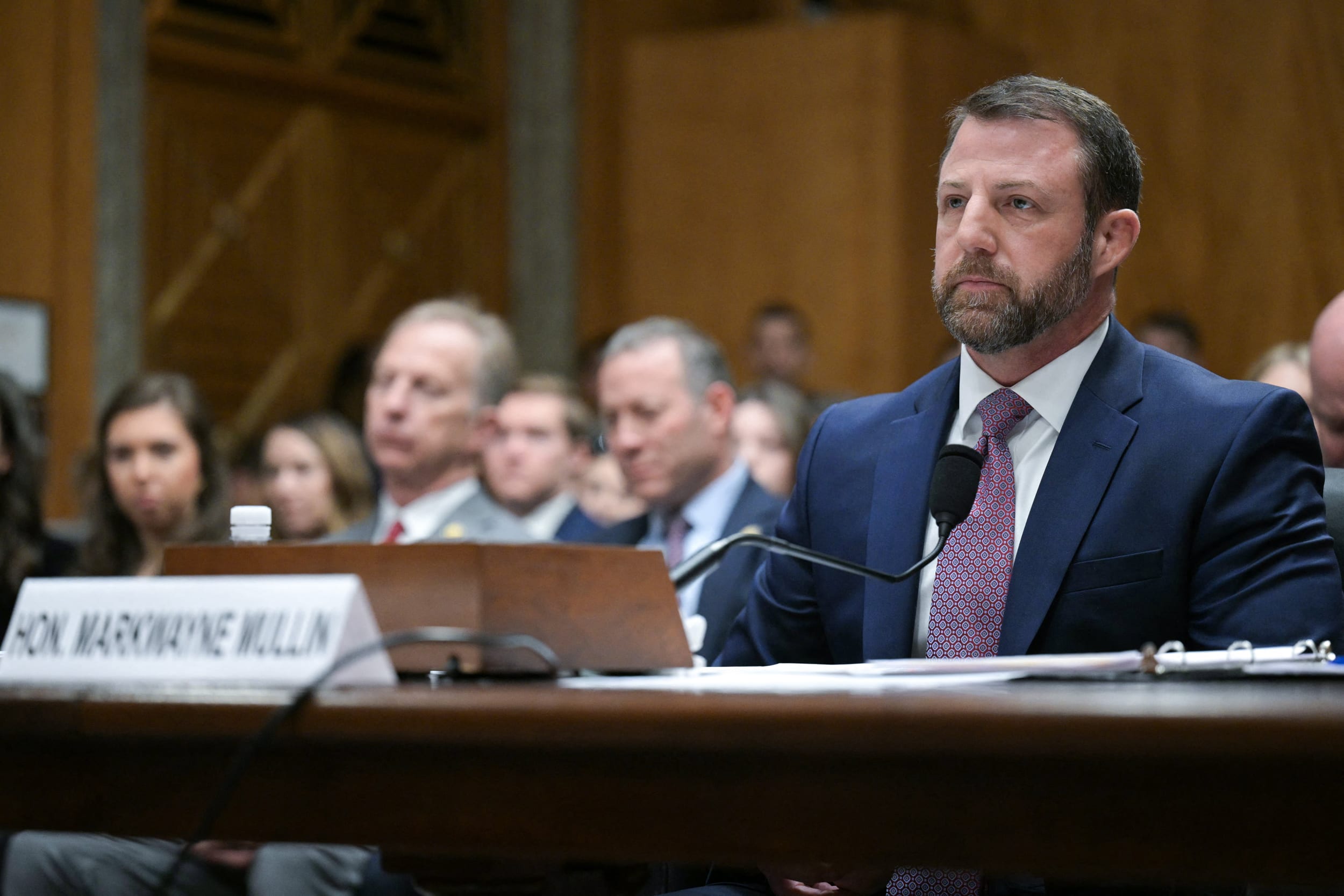 Sen. Markwayne Mullin, R-Okla., nominee to be secretary of Homeland Security, testifies during a Senate hearing on March 18, 2026. 