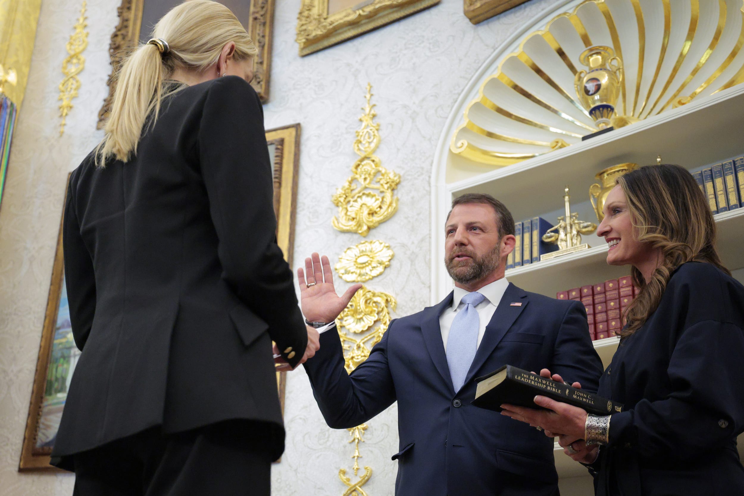Attorney General Pam Bondi swears in former Sen. Markwayne Mullin as the next secretary of the Department of Homeland Security 