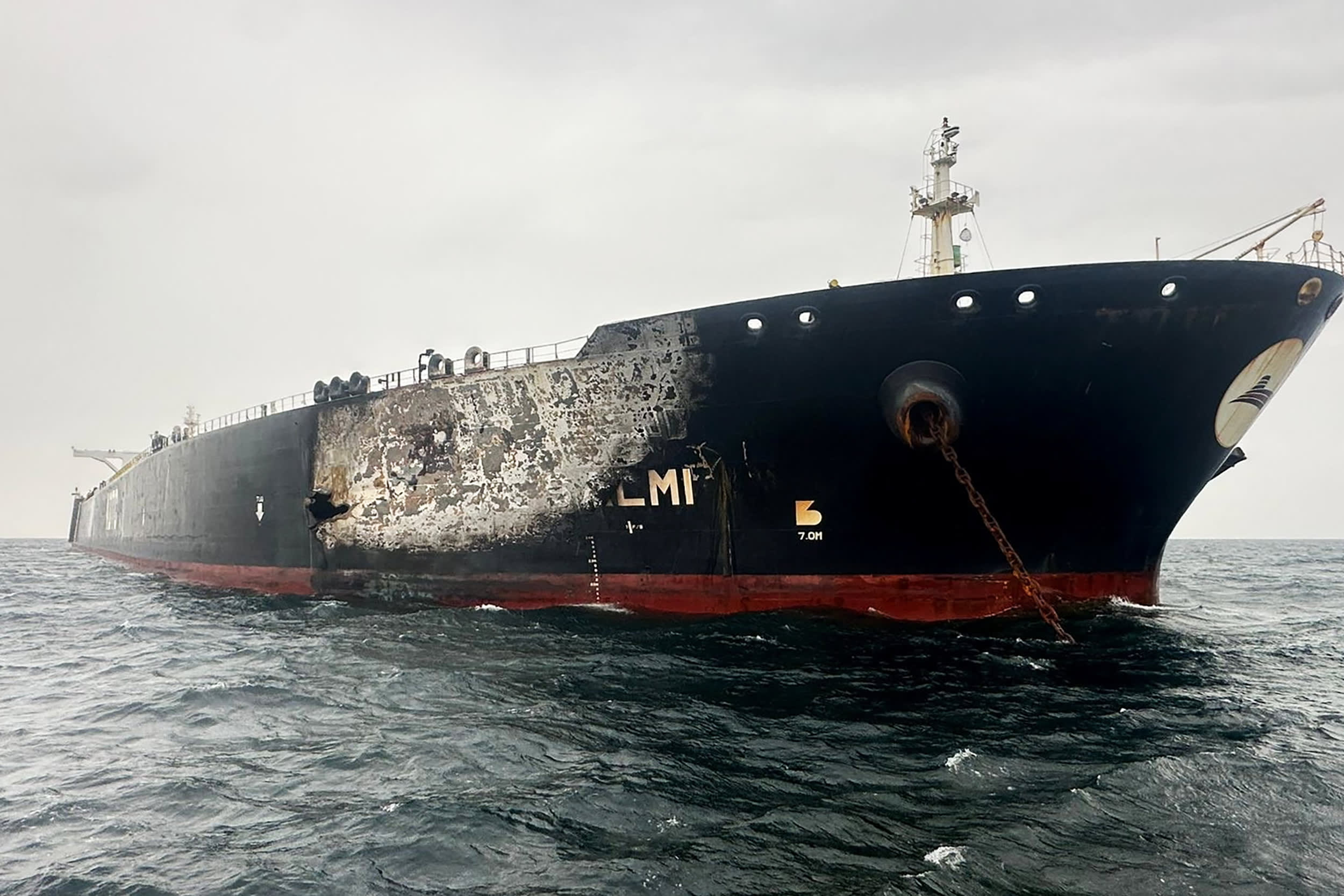 Damage to the Kuwait-flagged Al-Salmi crude oil tanker, following a reported strike