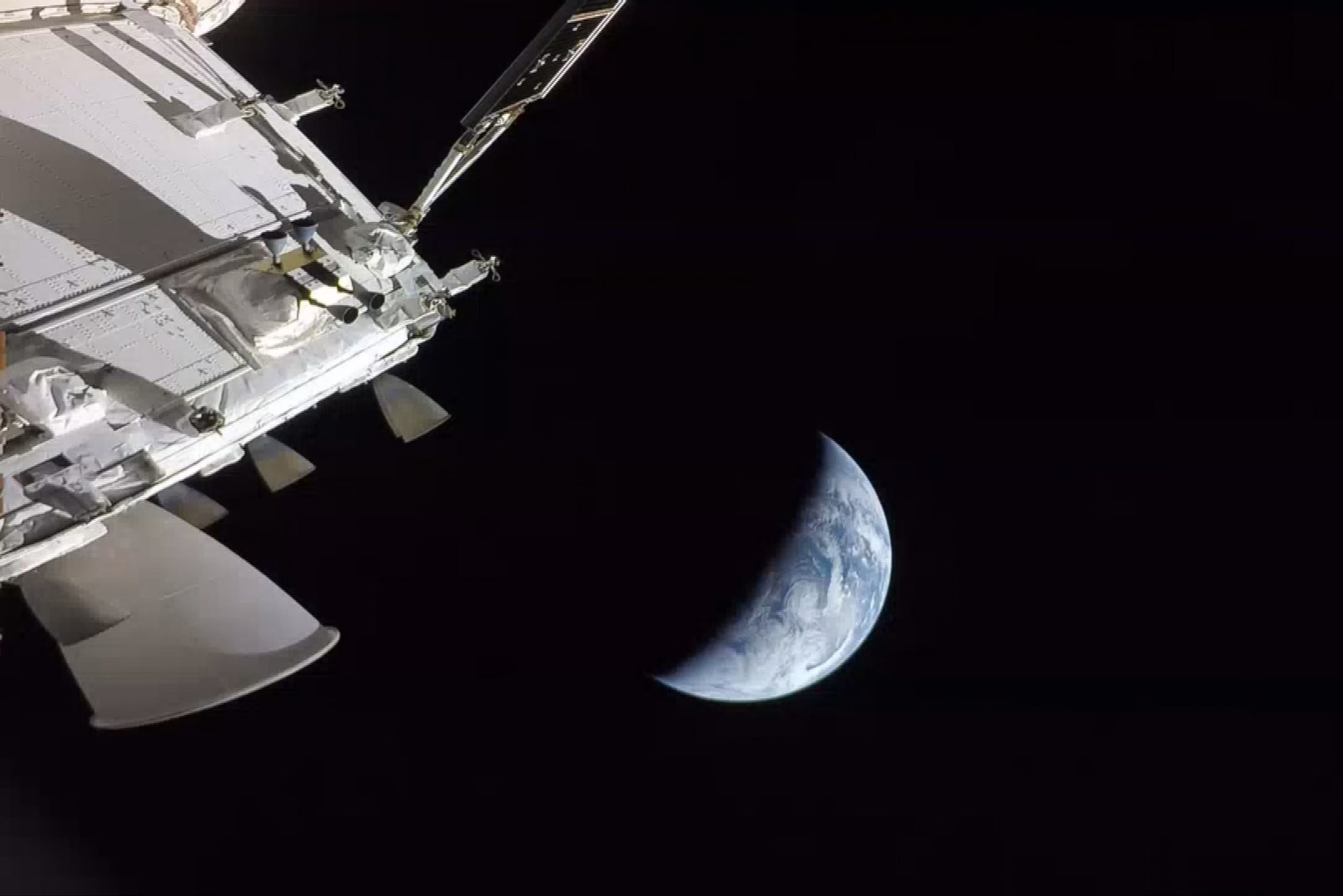 The view from the Artemis II Orion capsule as it approaches Earth on Friday.
